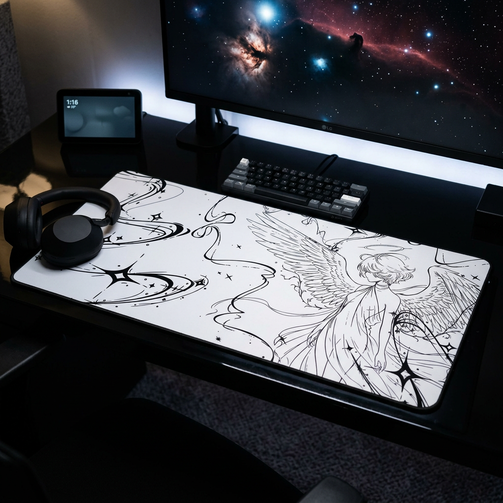 Angel Illustration – White Desk Mat – Winged Figure Line Art Mouse Pad