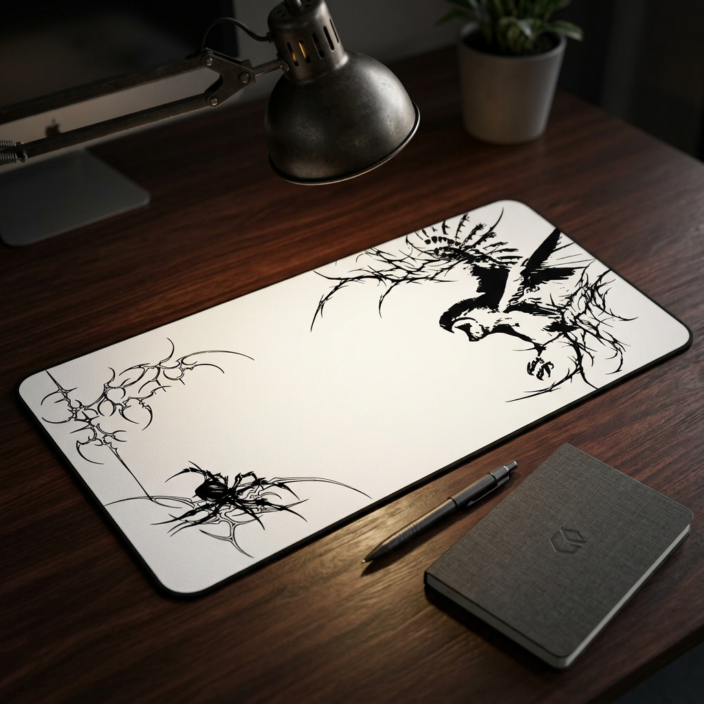 Owl Flight Cyber Sigil – White Desk Mat – Monochrome Owl Mouse Pad