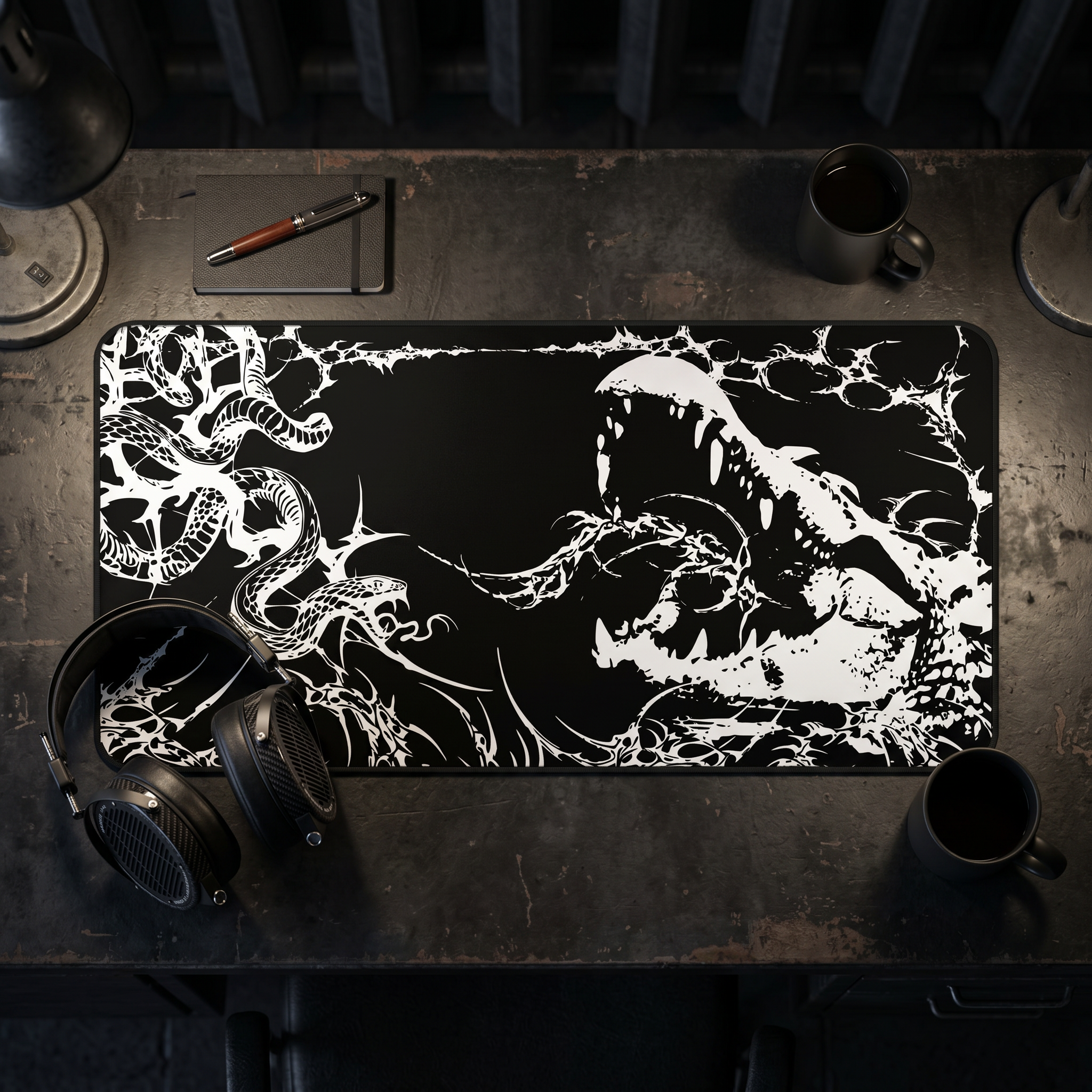 Crocodile and Snake Illustration – Black Desk Mat – Monochrome Animal Mouse Pad