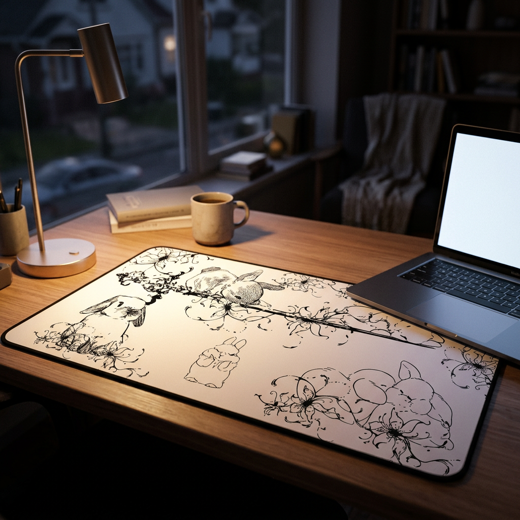 Sleeping Bunny Doodles – White Desk Mat – Cute Rabbit Illustration Mouse Pad