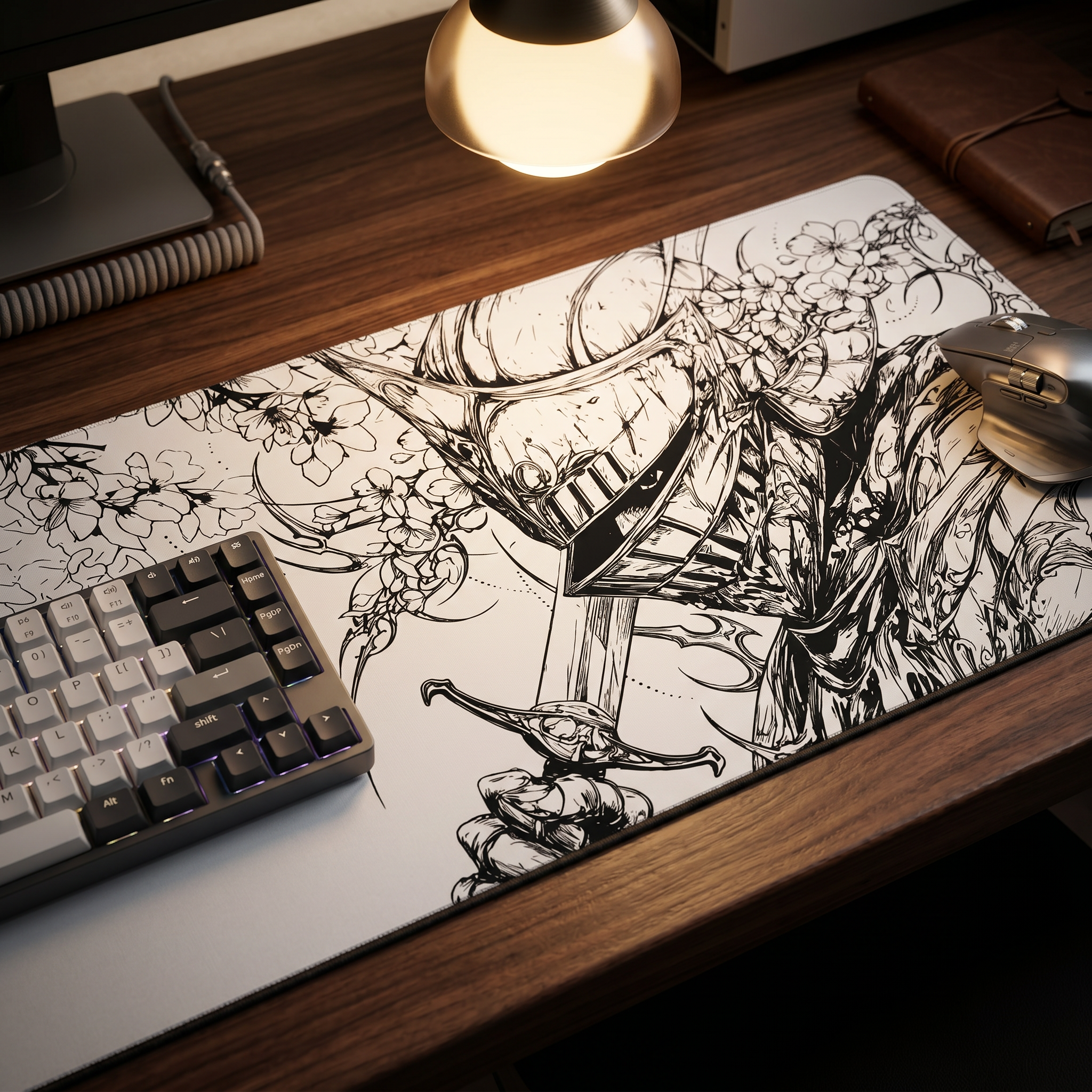Sakura Knight – White Desk Mat – Medieval Sword Mouse Pad