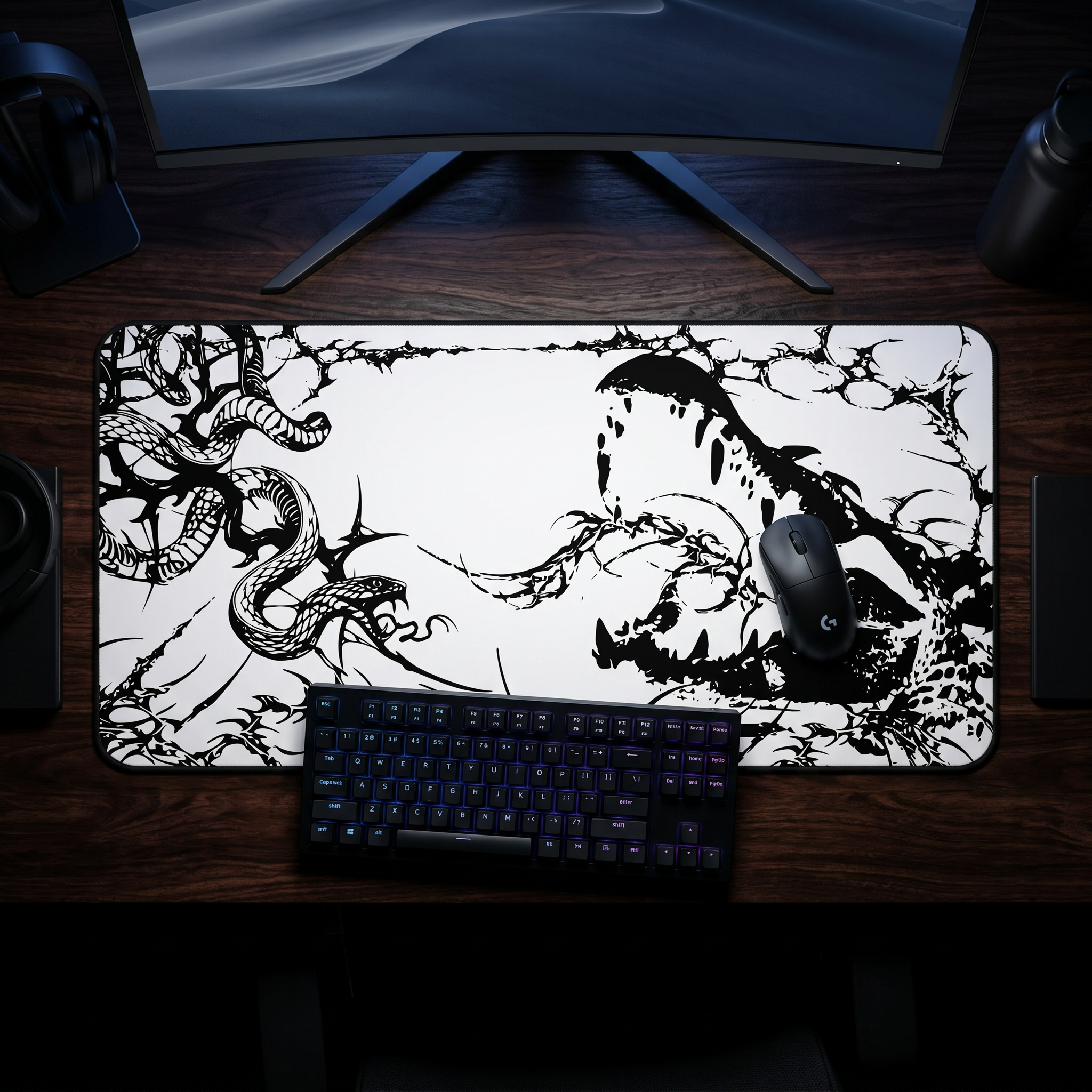 Crocodile and Snake – White Desk Mat – Monochrome Animal Mouse Pad
