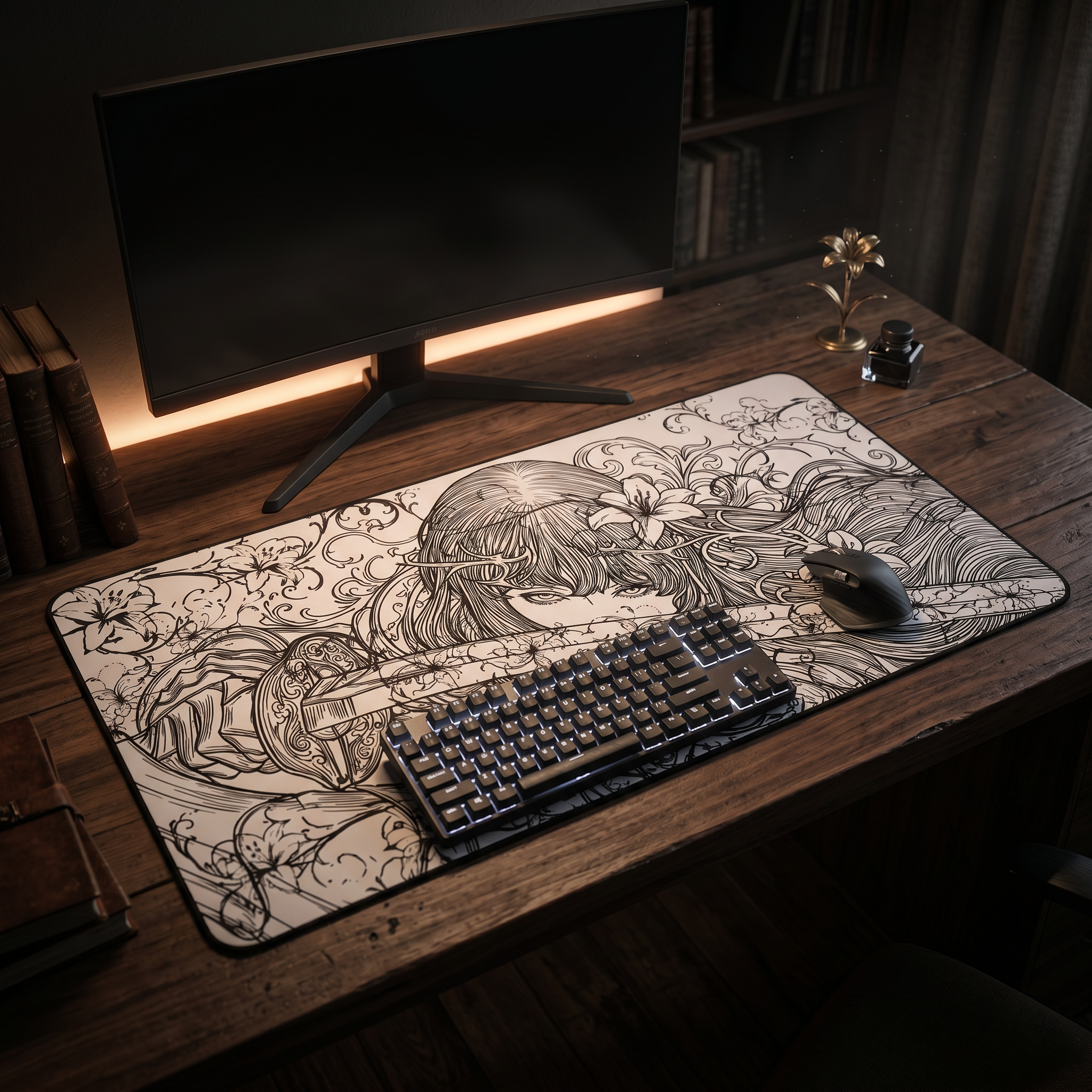 Samurai Girl – White Desk Mat – Monochrome Sword Mouse Pad