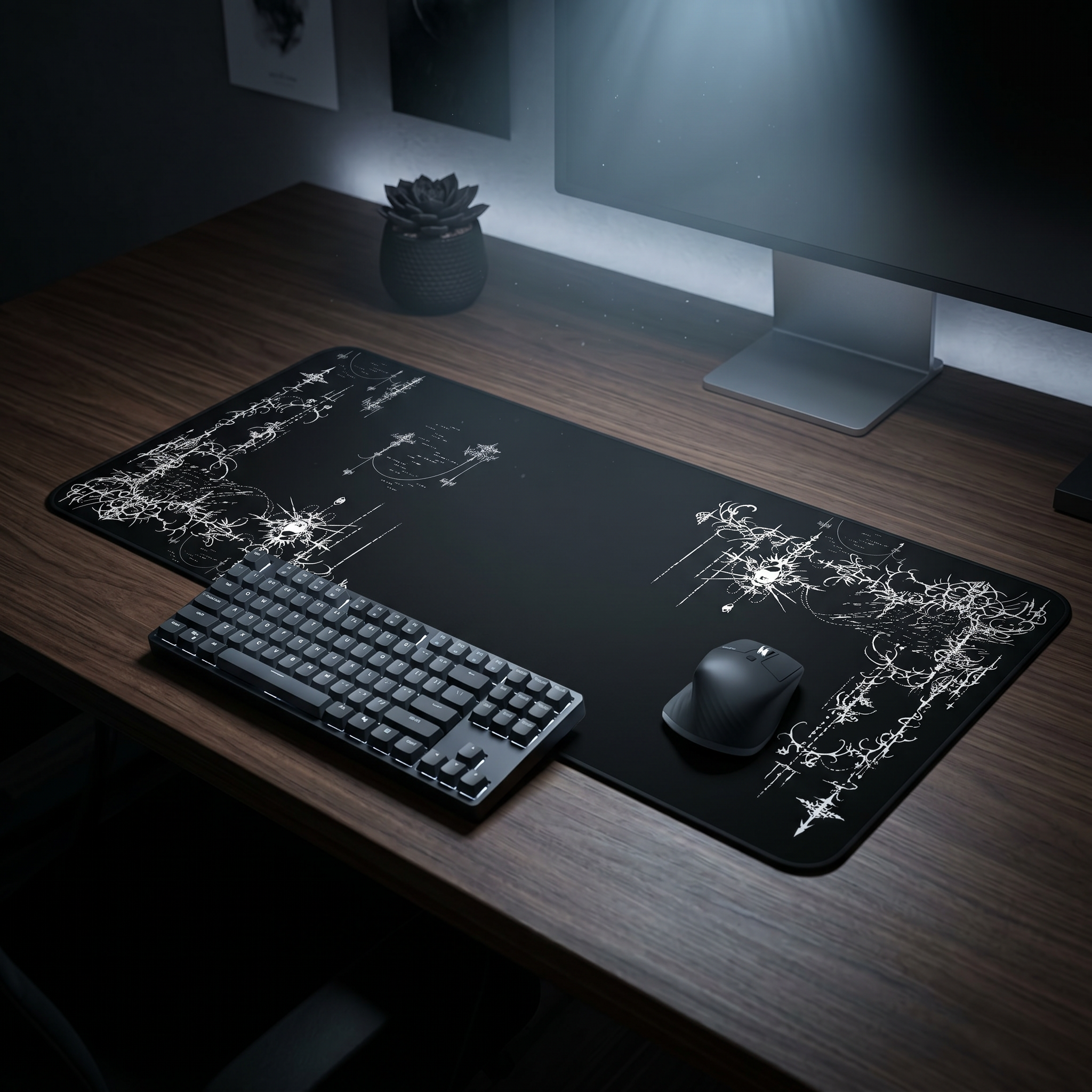 Gothic Chandelier Flourish – Black Desk Mat – Ornate Filigree Mouse Pad