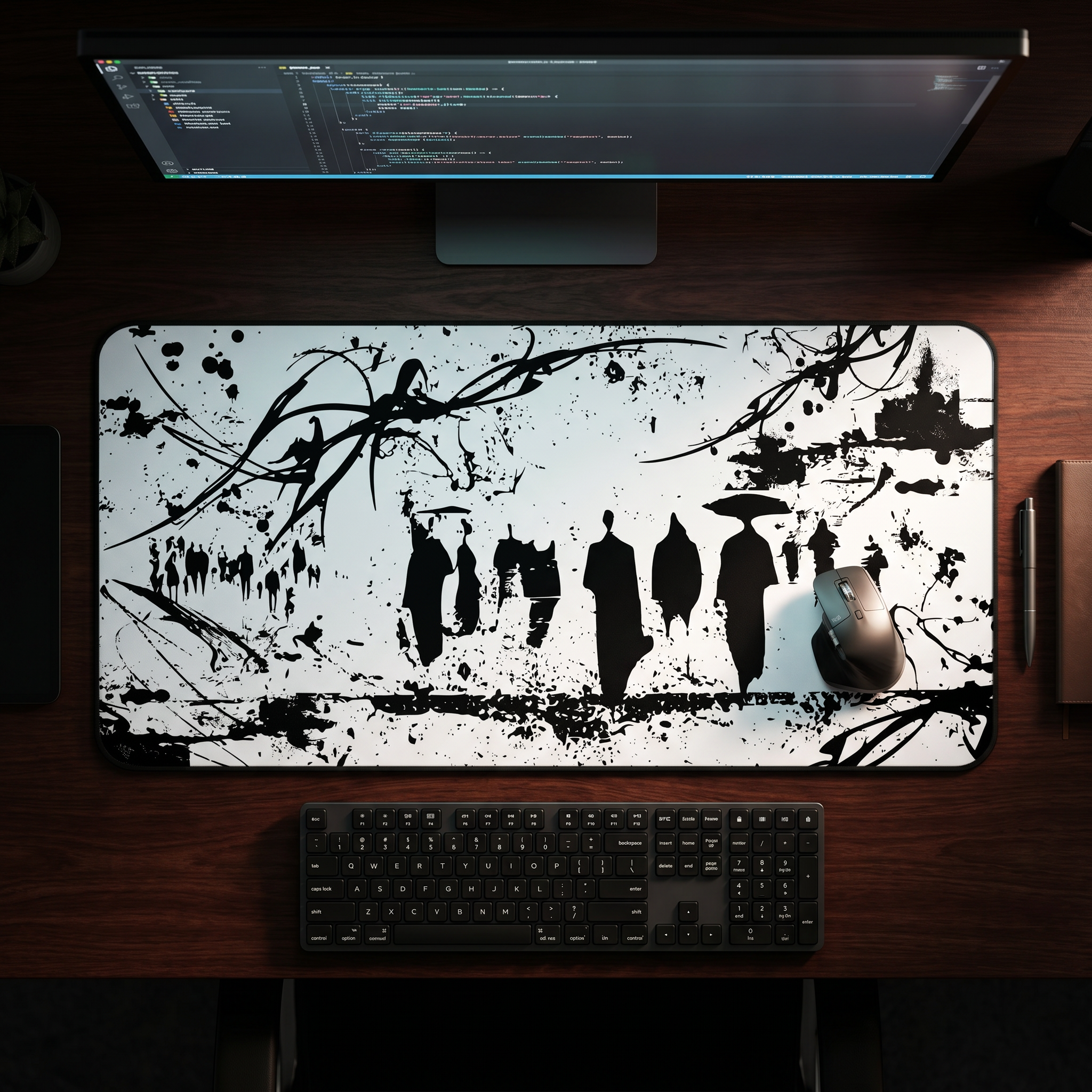 Abstract Silhouetted Walkers – White Desk Mat – Minimal Monochrome Mouse Pad