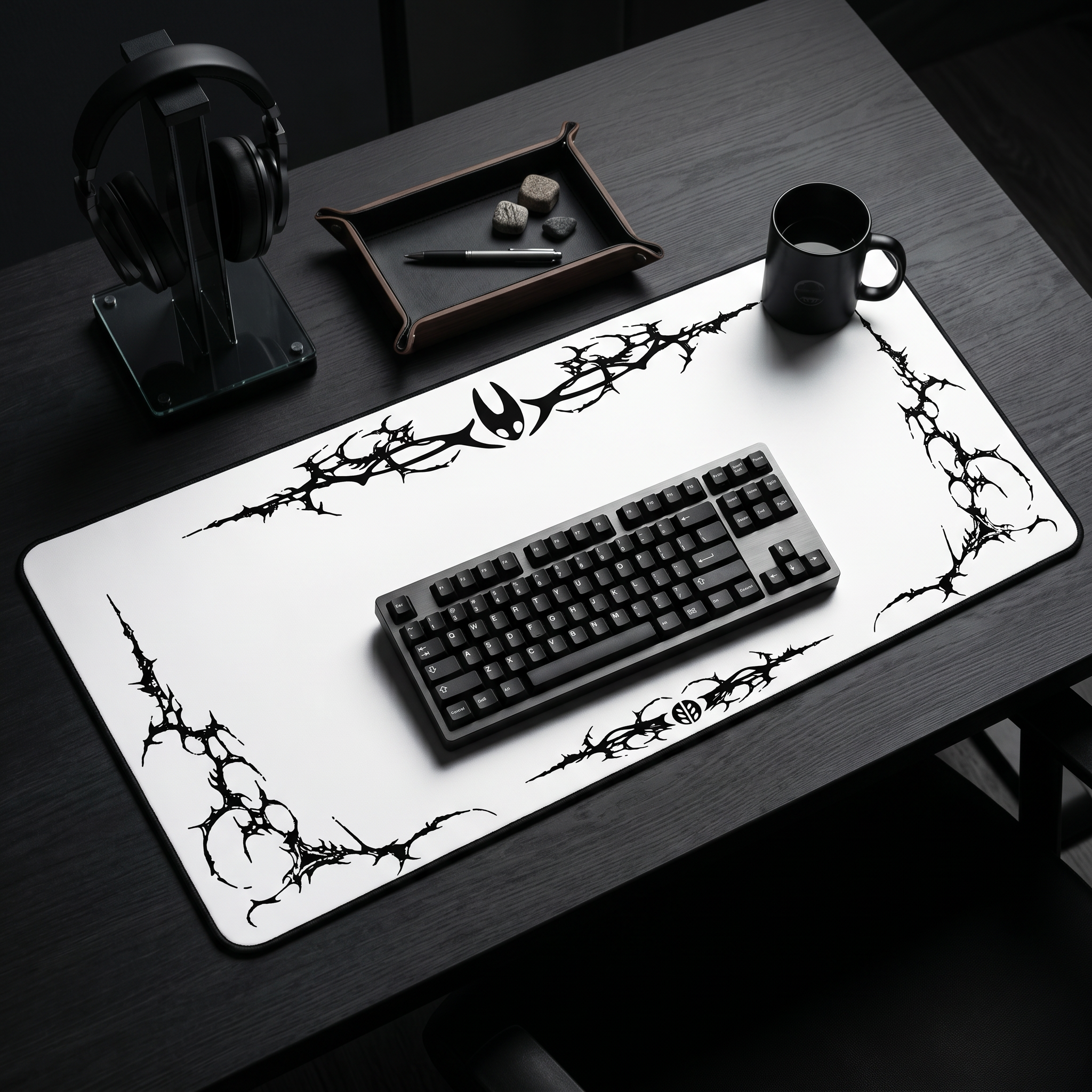 Cyber Sigil Border – White Desk Mat – Gothic Tribal Mouse Pad