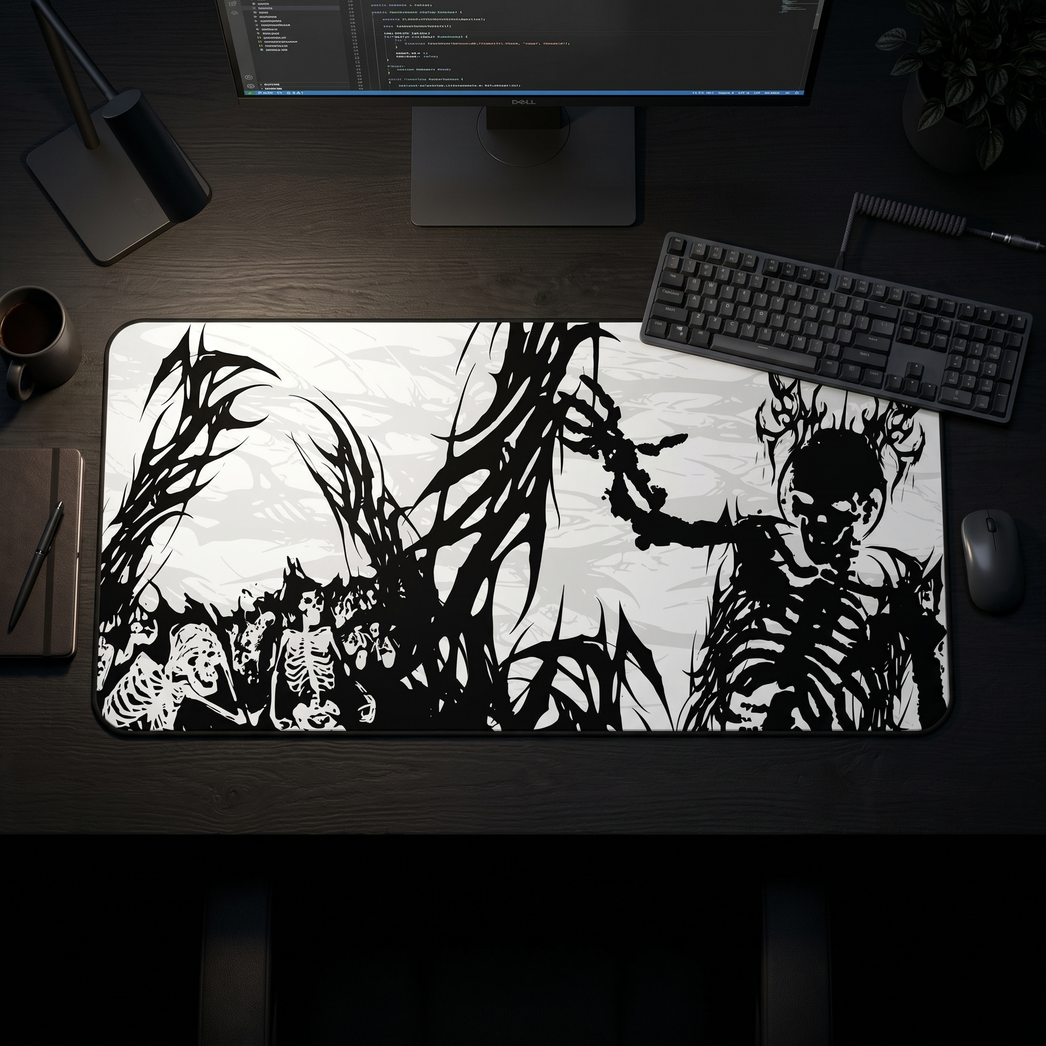 King of Torment – White Desk Mat – Cyber Sigil Skeleton King Mouse Pad