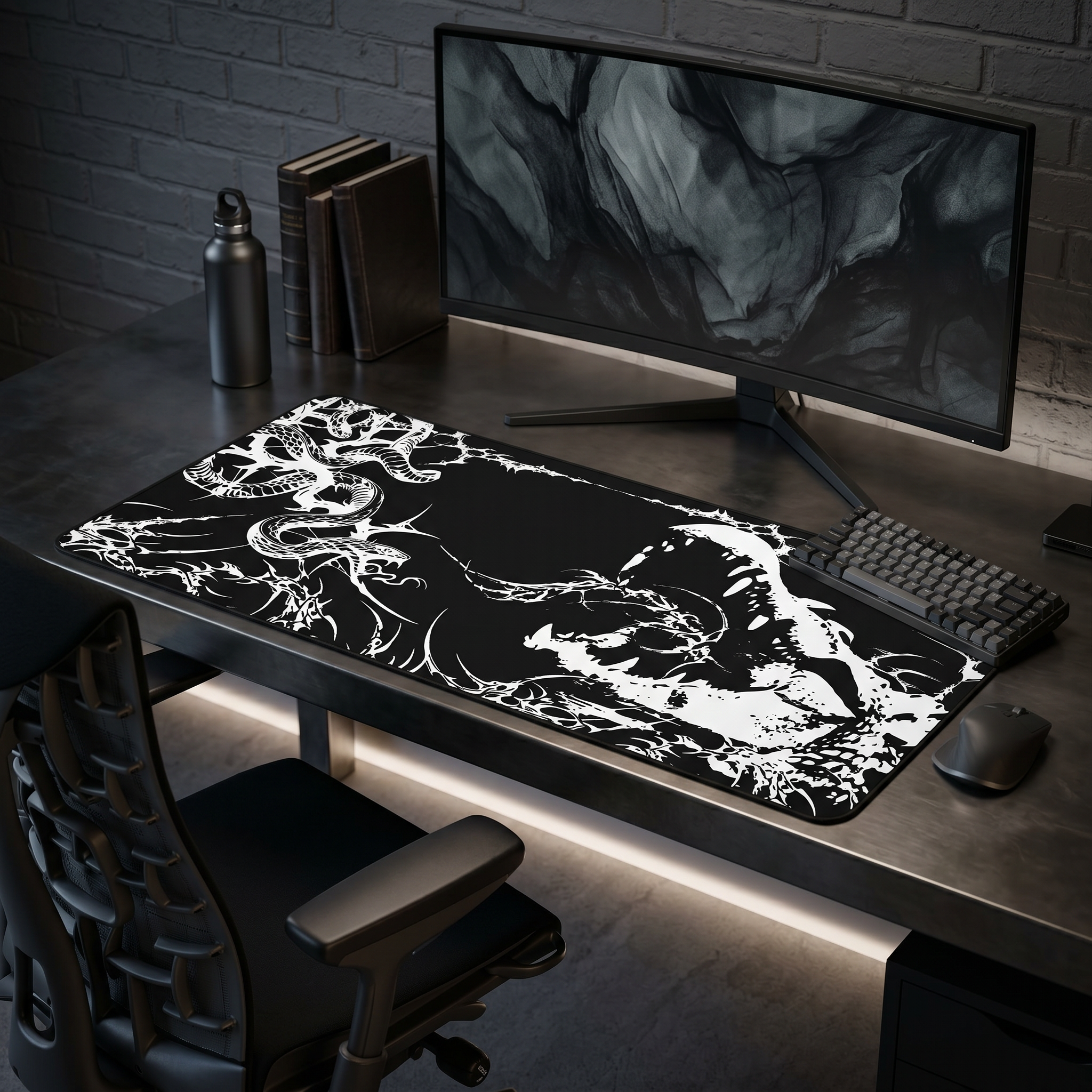 Crocodile and Snake Illustration – Black Desk Mat – Monochrome Animal Mouse Pad