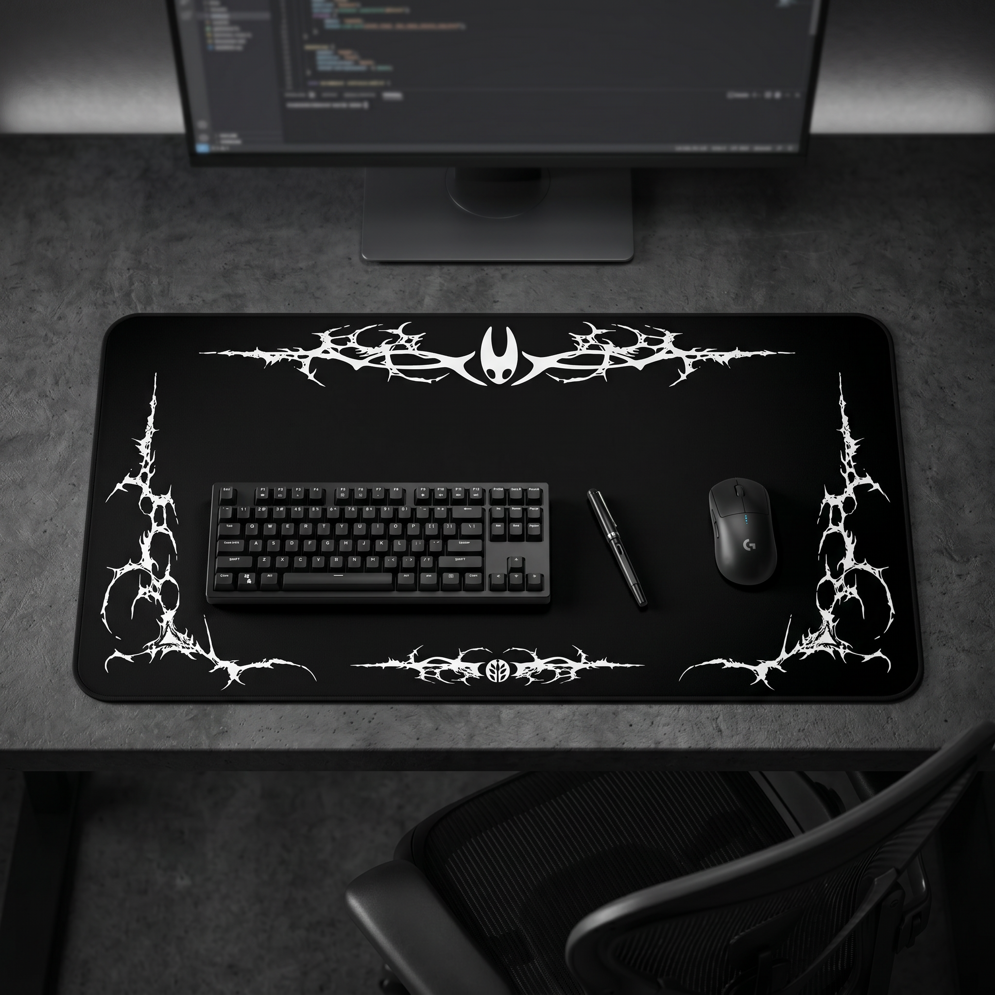 Minimal Cyber Sigil – Black Desk Mat – Gothic Tribal Mouse Pad