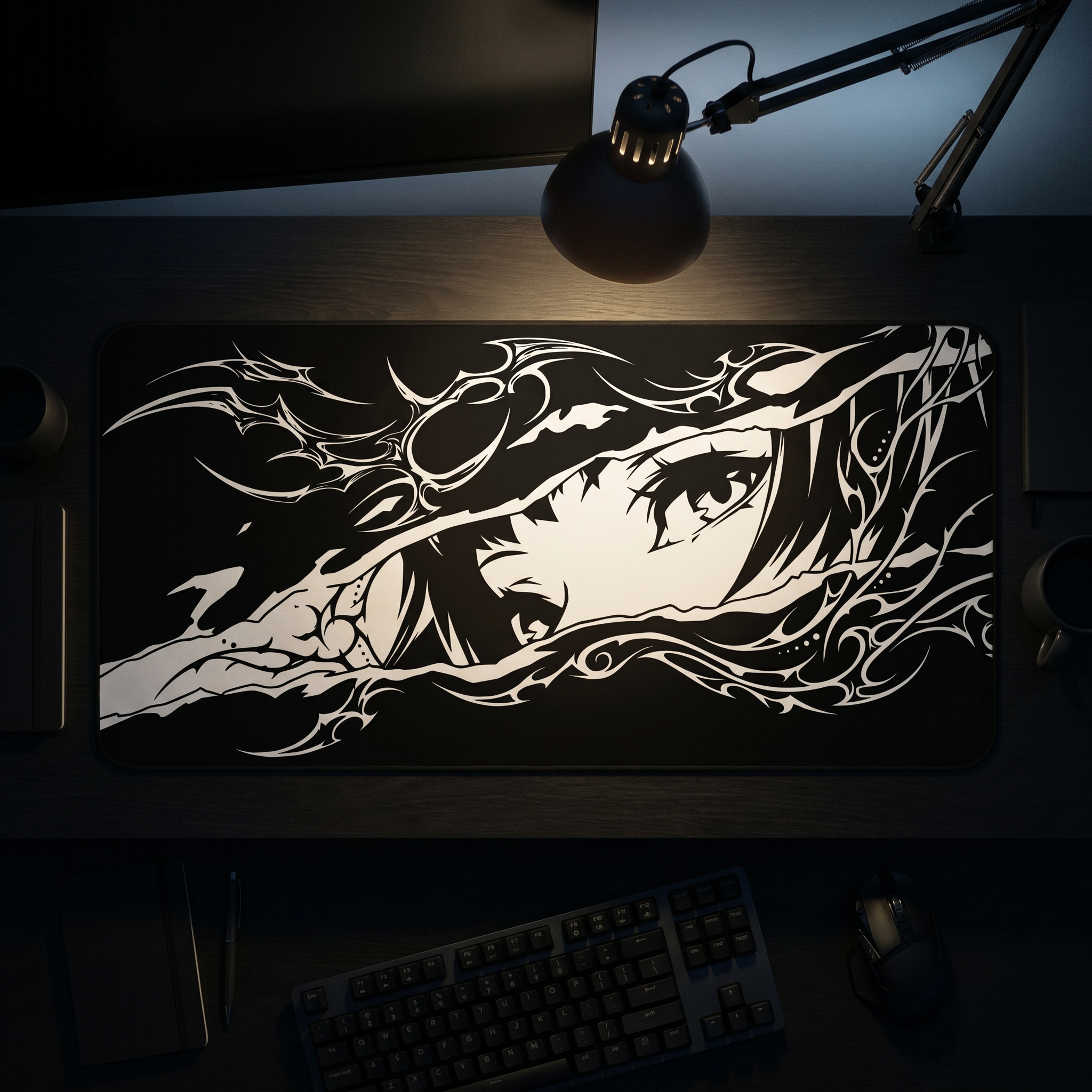 Cyber Sigil Ripped Anime Eyes – Black Desk Mat – Monochrome Illustration Mouse Pad