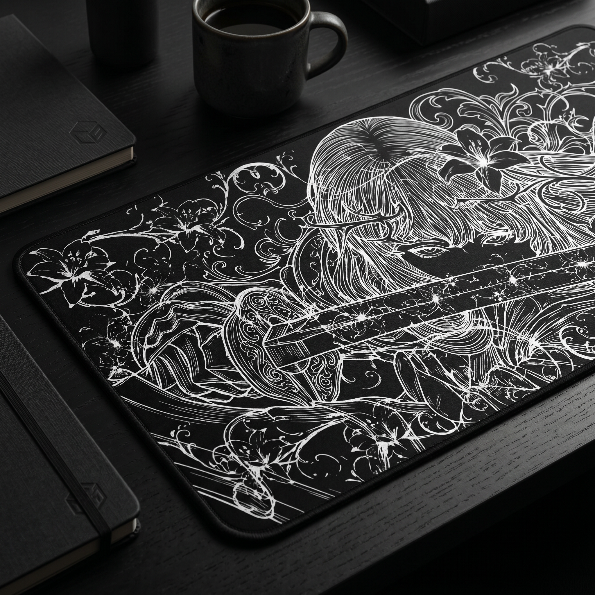 Samurai Girl – Black Desk Mat – Monochrome Sword Mouse Pad