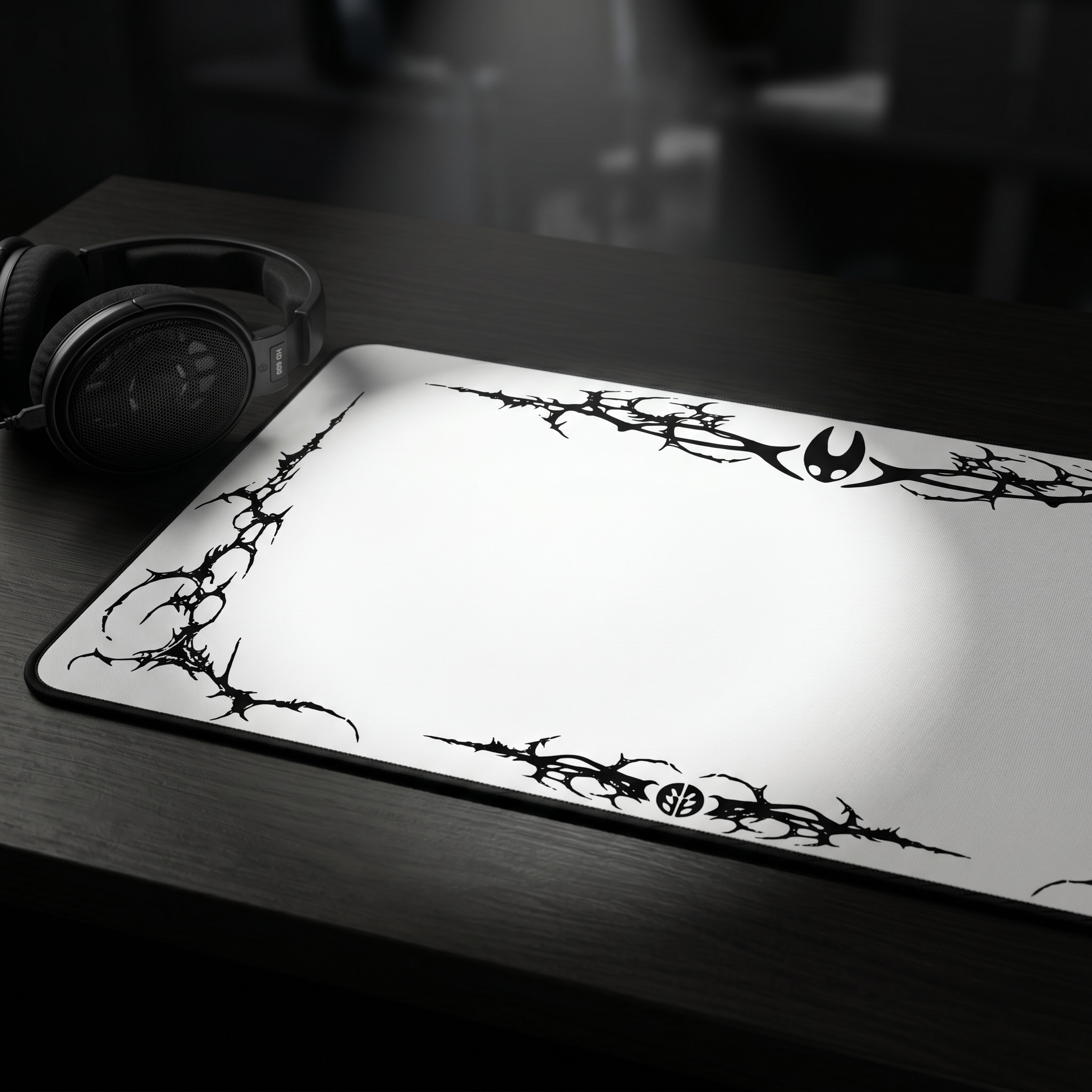 Cyber Sigil Border – White Desk Mat – Gothic Tribal Mouse Pad