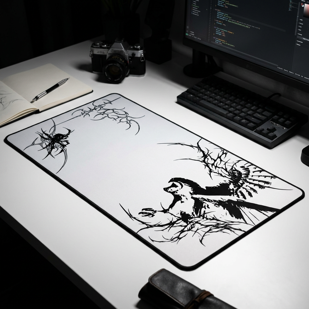 Owl Flight Cyber Sigil – White Desk Mat – Monochrome Owl Mouse Pad