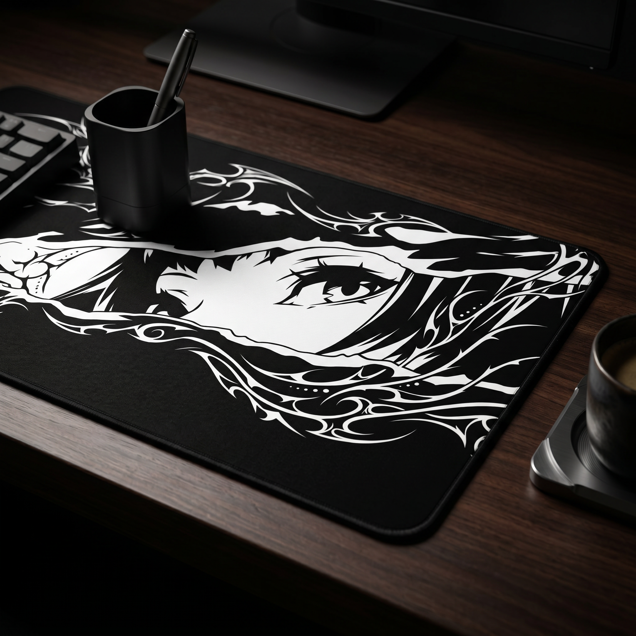 Cyber Sigil Ripped Anime Eyes – Black Desk Mat – Monochrome Illustration Mouse Pad