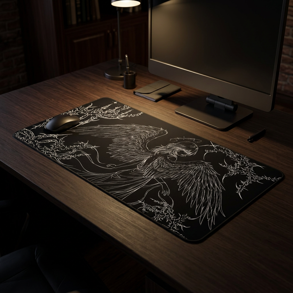 Dark Angel – Black Desk Mat – Gothic Winged Figure Mouse Pad