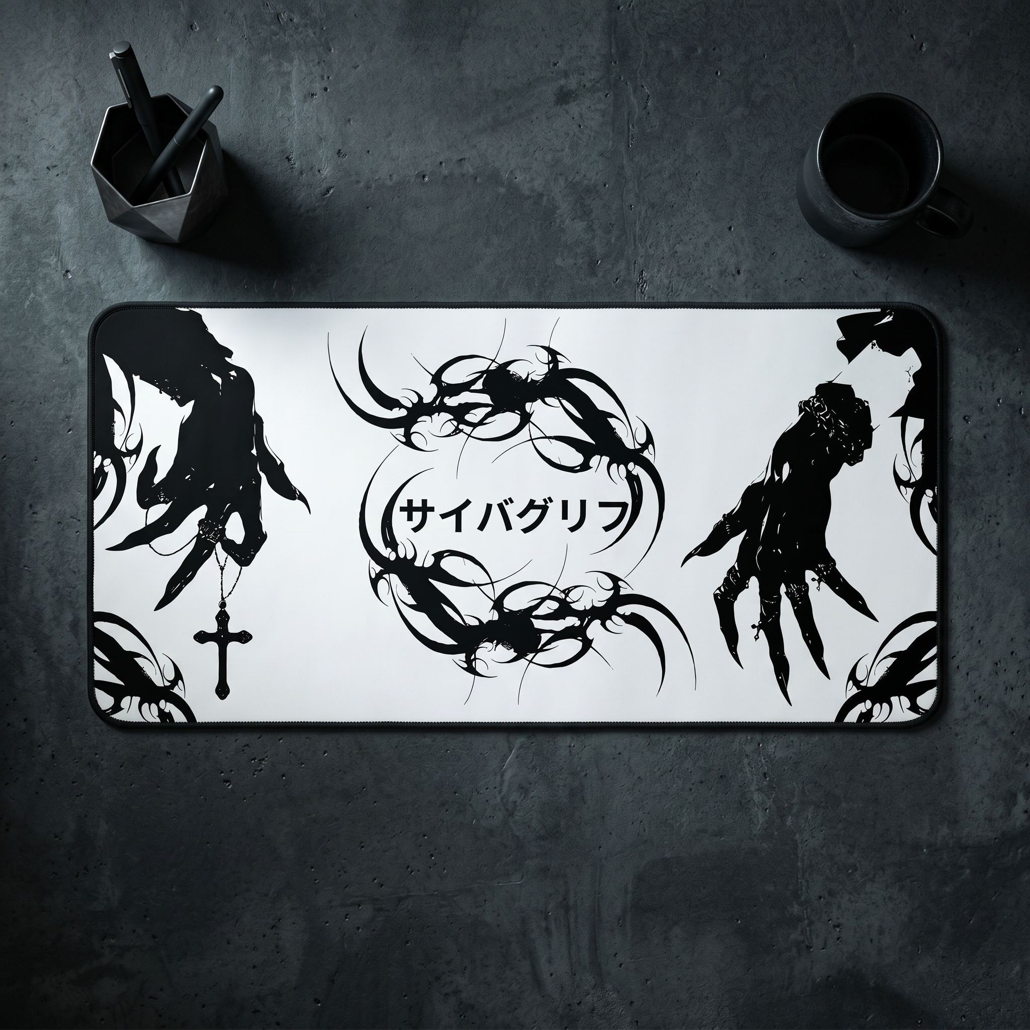 Japanese Hands – White Desk Mat – Gothic Hand Illustration Mouse Pad