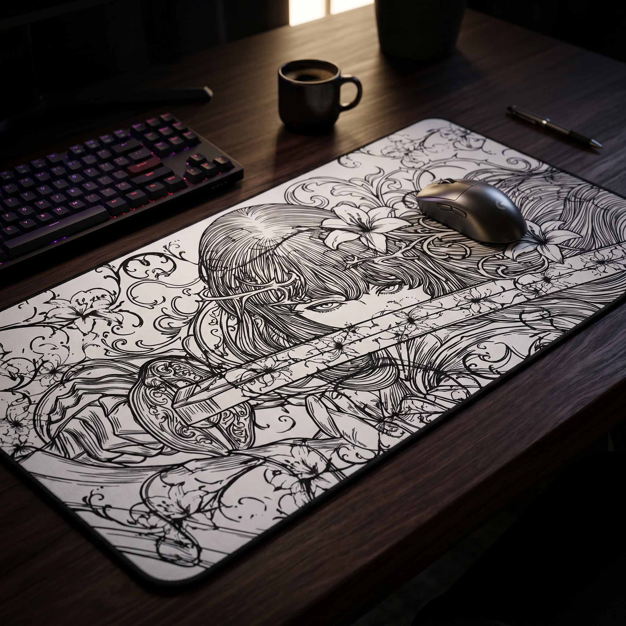 Samurai Girl – White Desk Mat – Monochrome Sword Mouse Pad
