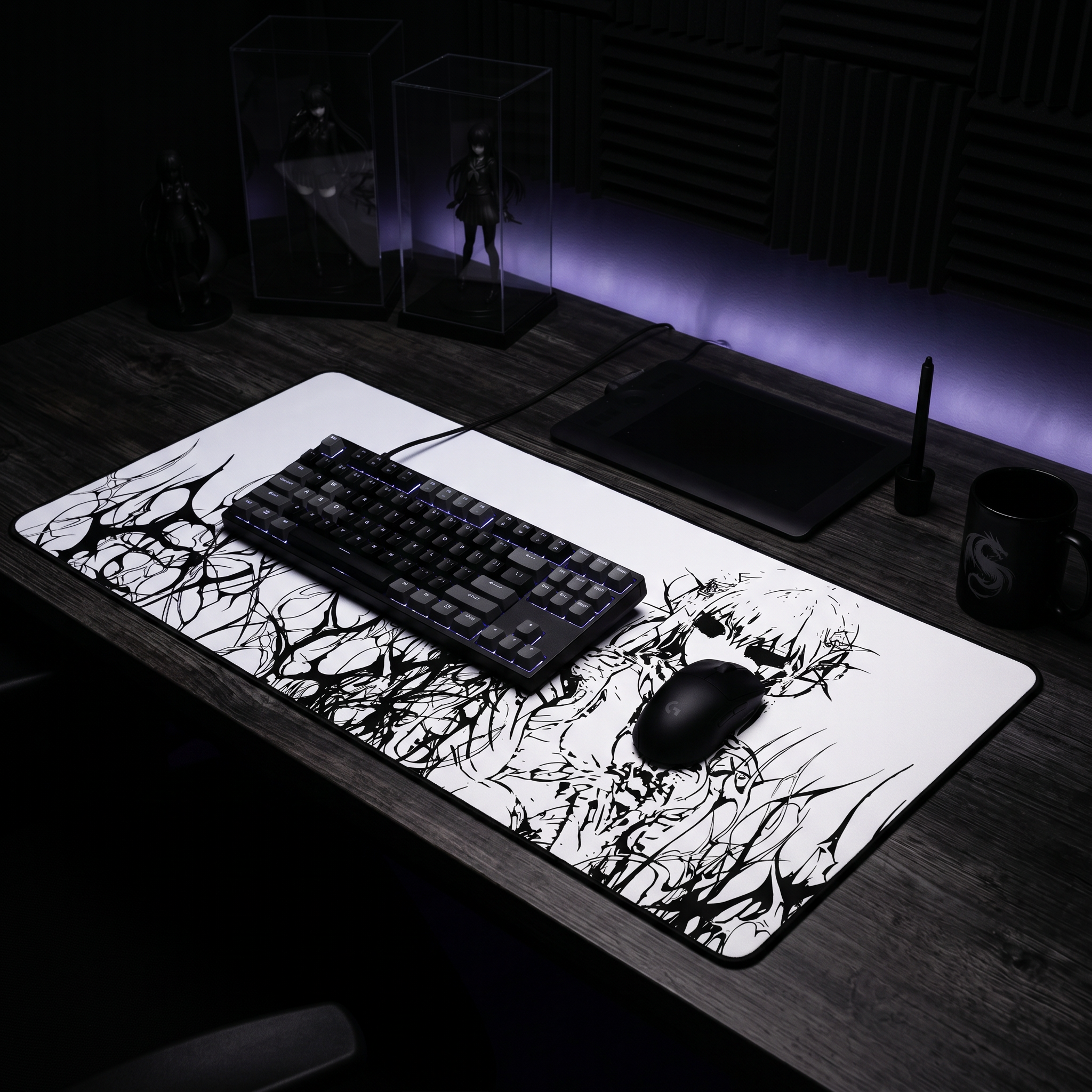 Engulfed – White Desk Mat – Gothic Cyber Sigil Mouse Pad