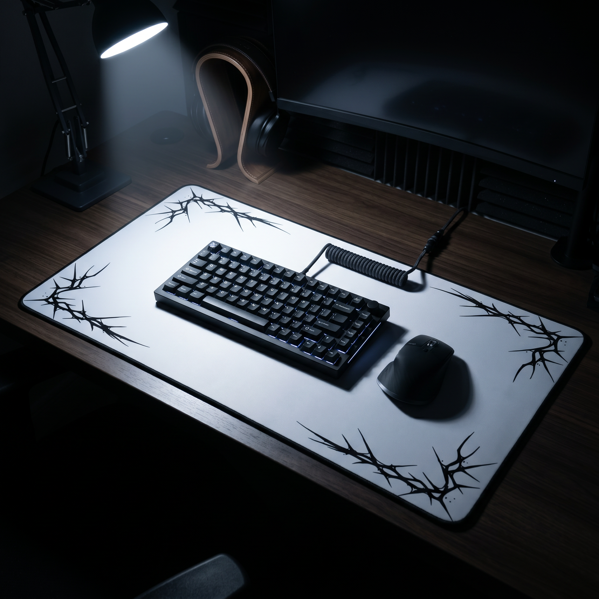 Thorns – White Desk Mat – Minimal Gothic Thorn Mouse Pad