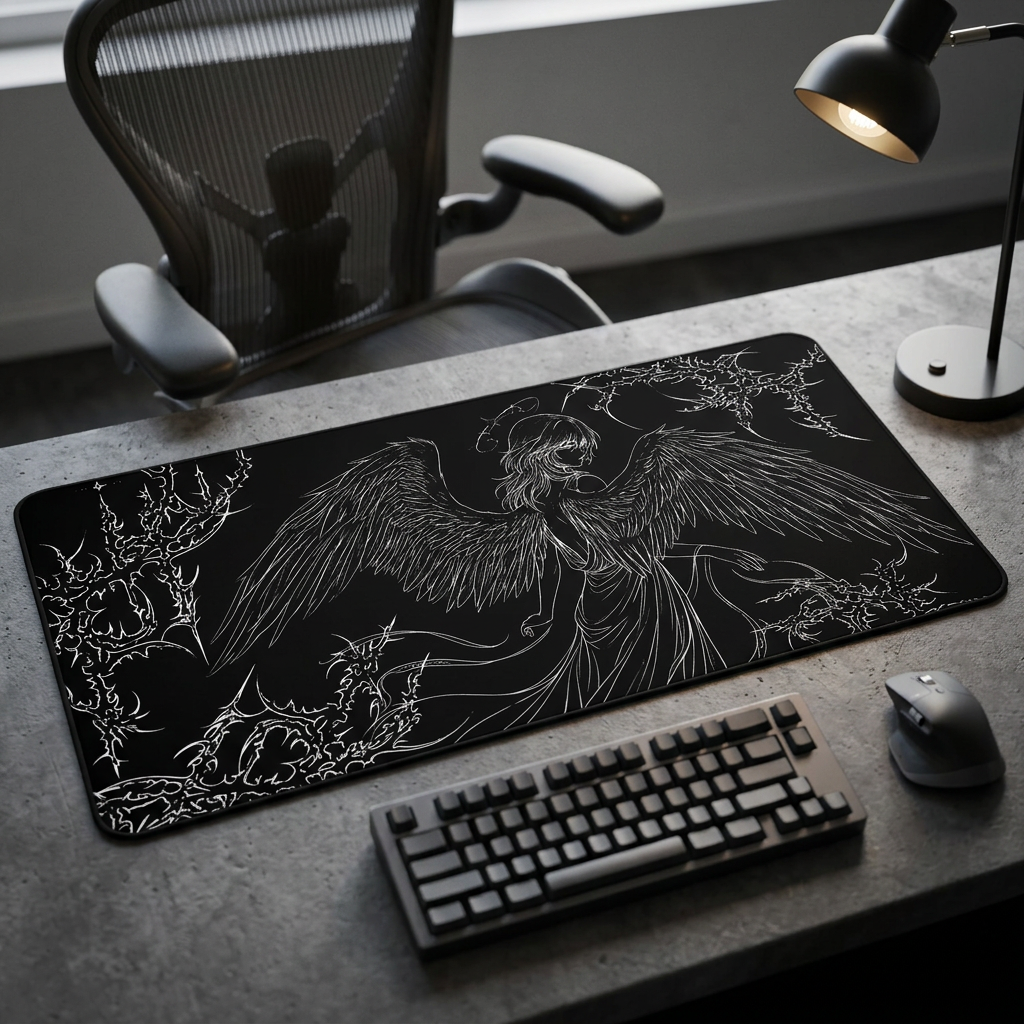 Dark Angel – Black Desk Mat – Gothic Winged Figure Mouse Pad