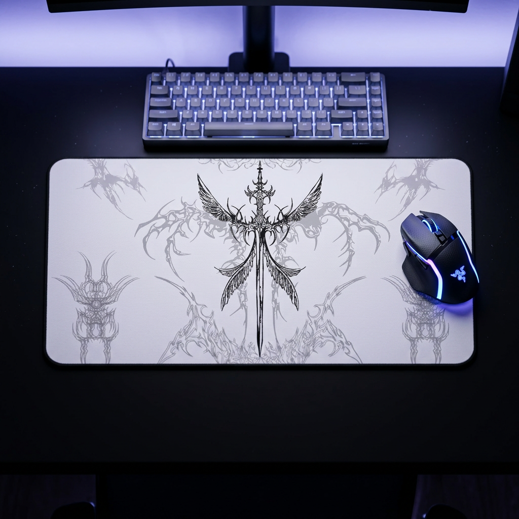 Angel Sword – White Desk Mat – Gothic Mouse Pad