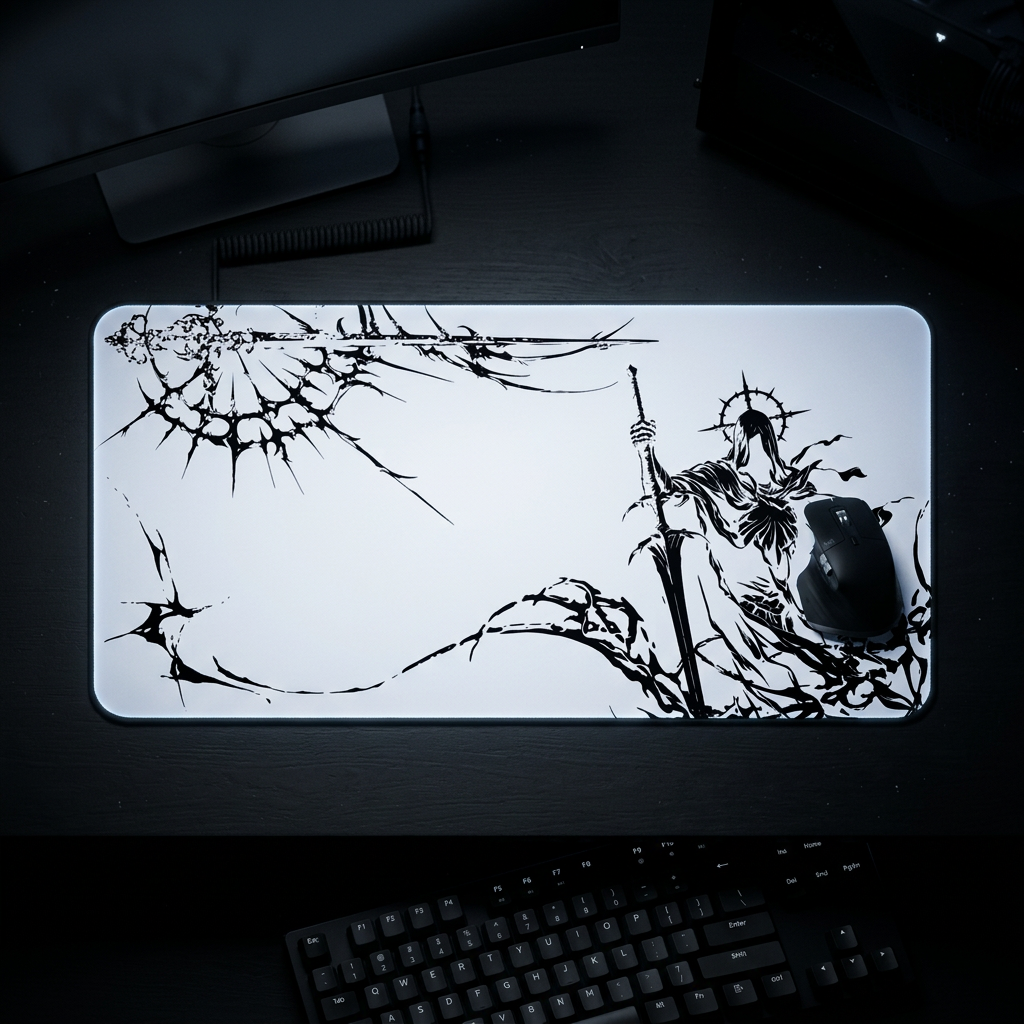 Grim Reaper Spear – White Desk Mat – Gothic Skeleton Warrior Mouse Pad