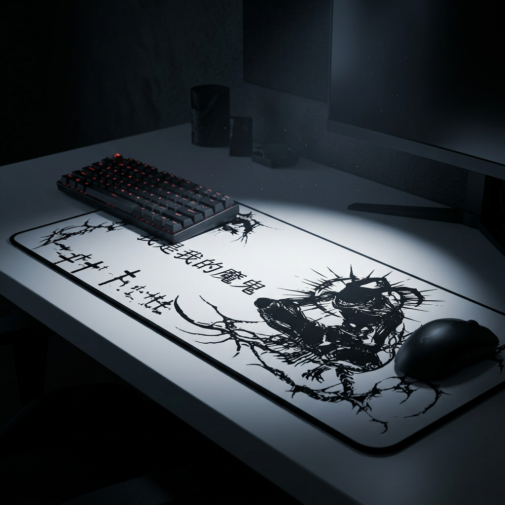 Chinese Demon White Desk Mat – Cybersigilism Gaming & Dark Aesthetic