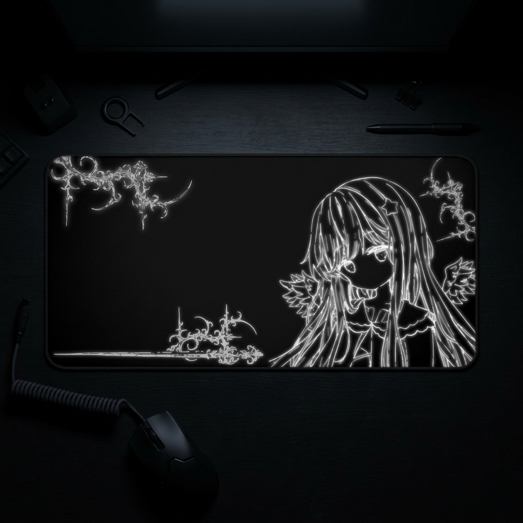 Glowing Angel – Black Desk Mat – Celestial Mouse Pad