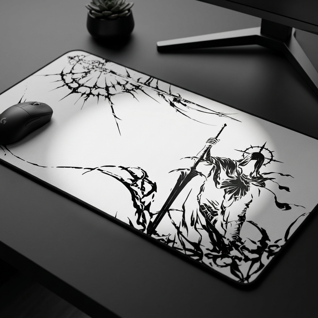 Grim Reaper Spear – White Desk Mat – Gothic Skeleton Warrior Mouse Pad