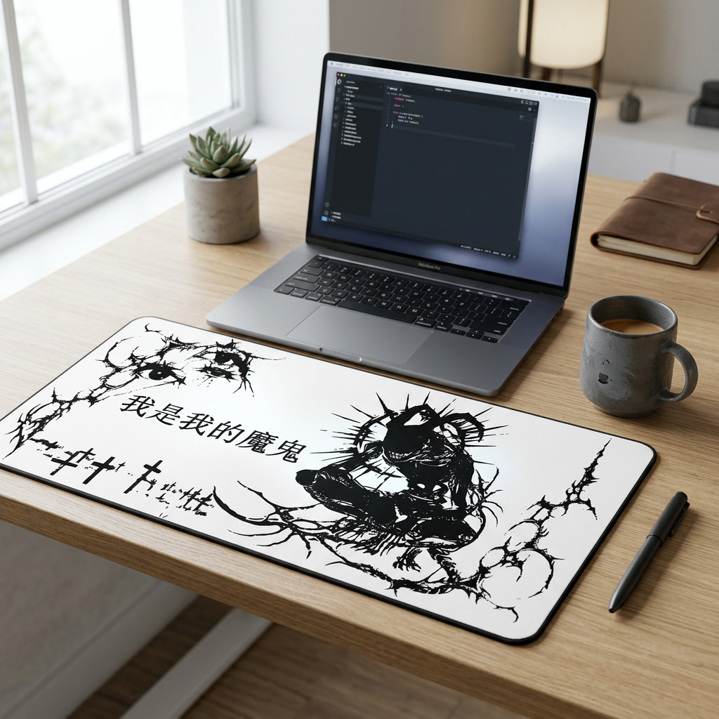 Chinese Demon White Desk Mat – Cybersigilism Gaming & Dark Aesthetic
