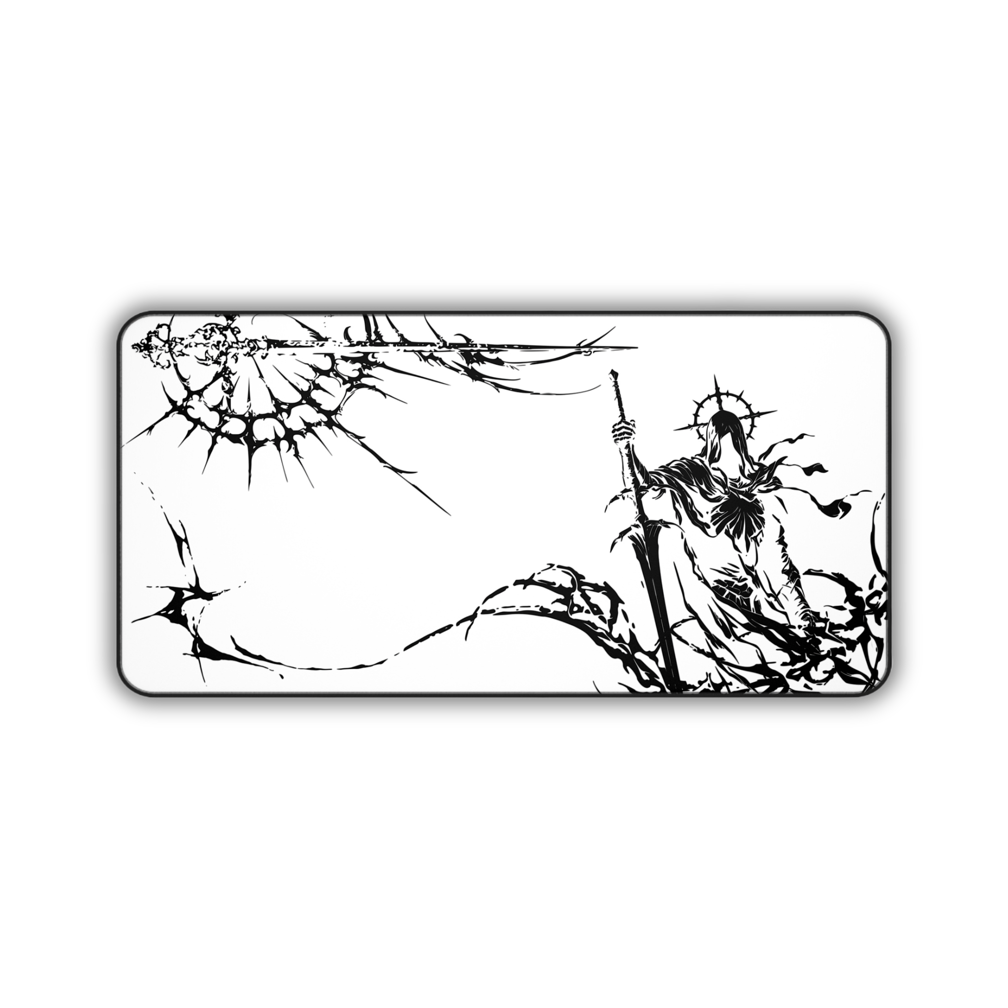 Grim Reaper Spear – White Desk Mat – Gothic Skeleton Warrior Mouse Pad