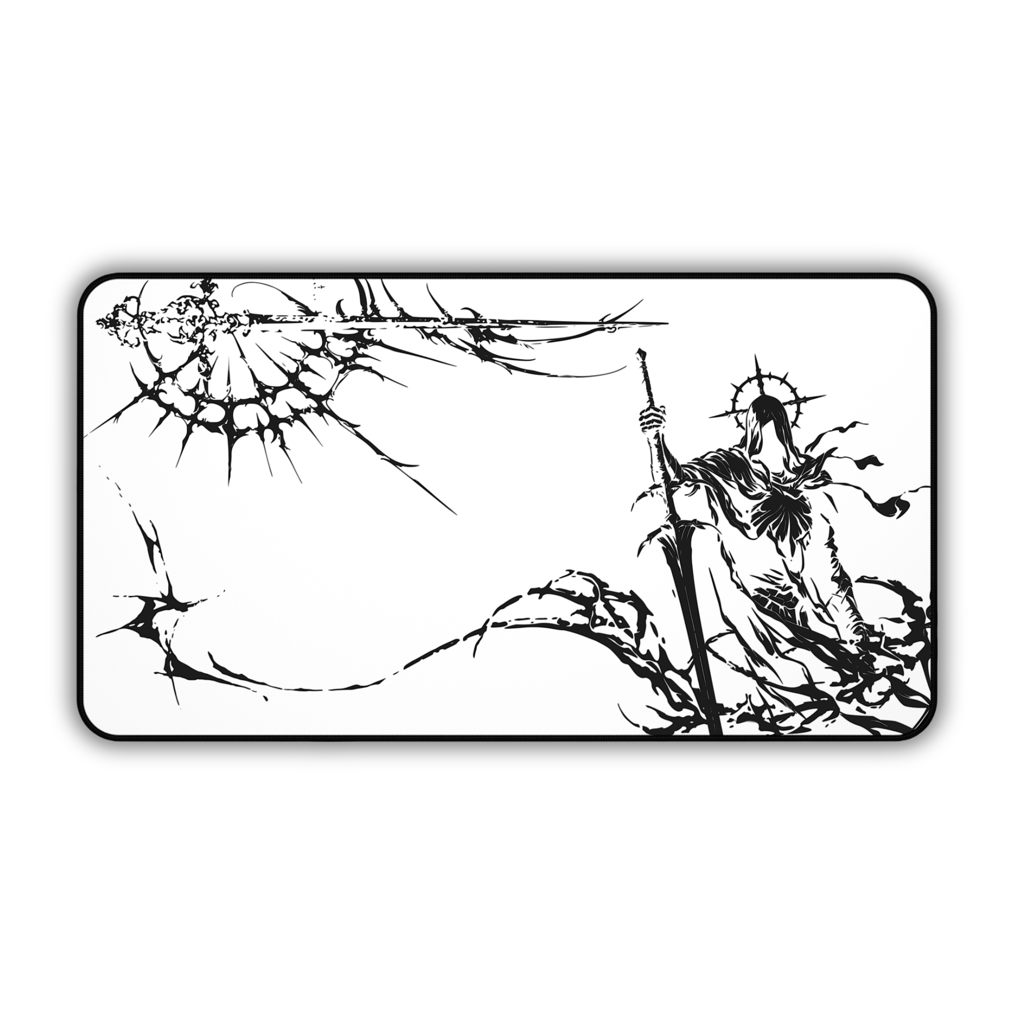 Grim Reaper Spear – White Desk Mat – Gothic Skeleton Warrior Mouse Pad