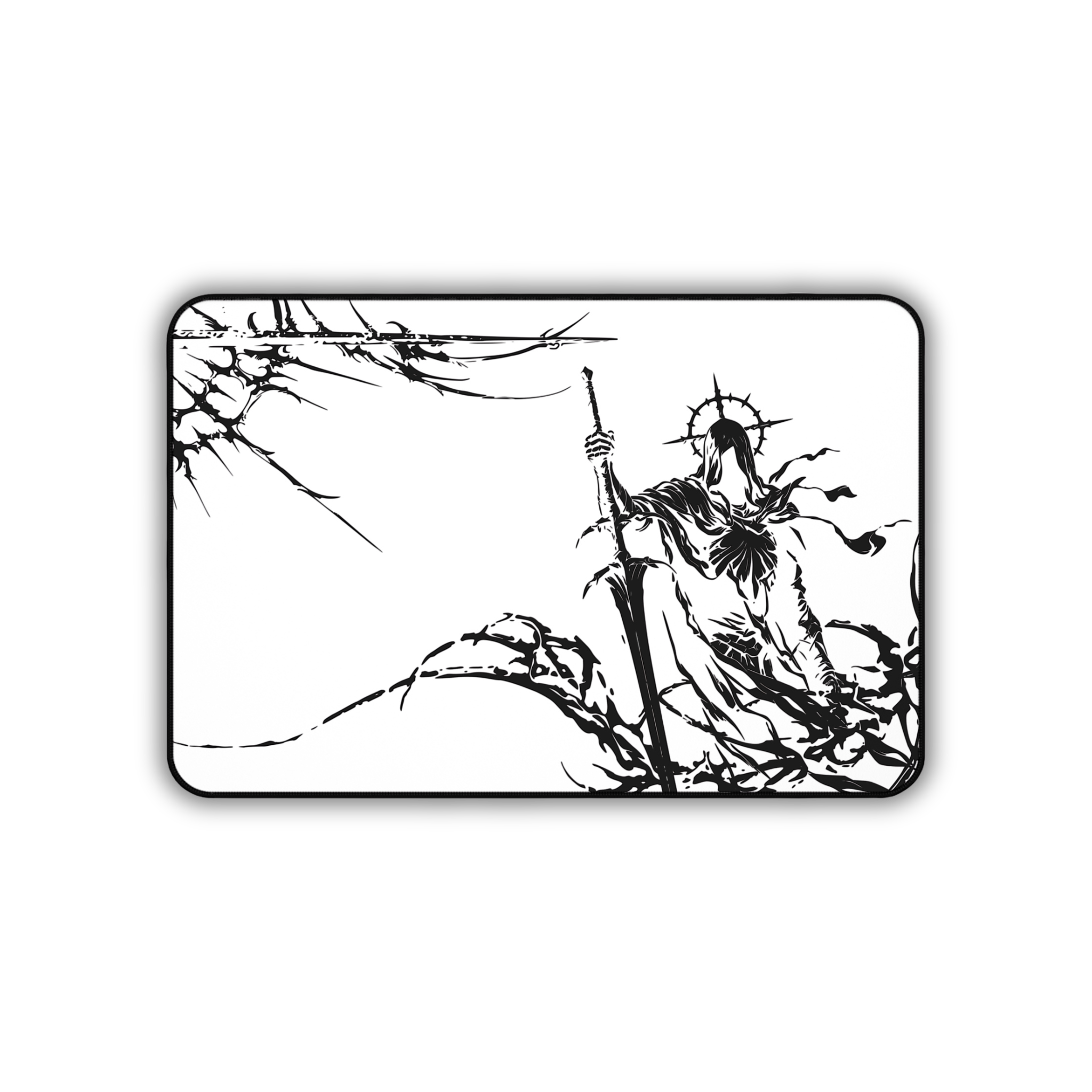 Grim Reaper Spear – White Desk Mat – Gothic Skeleton Warrior Mouse Pad