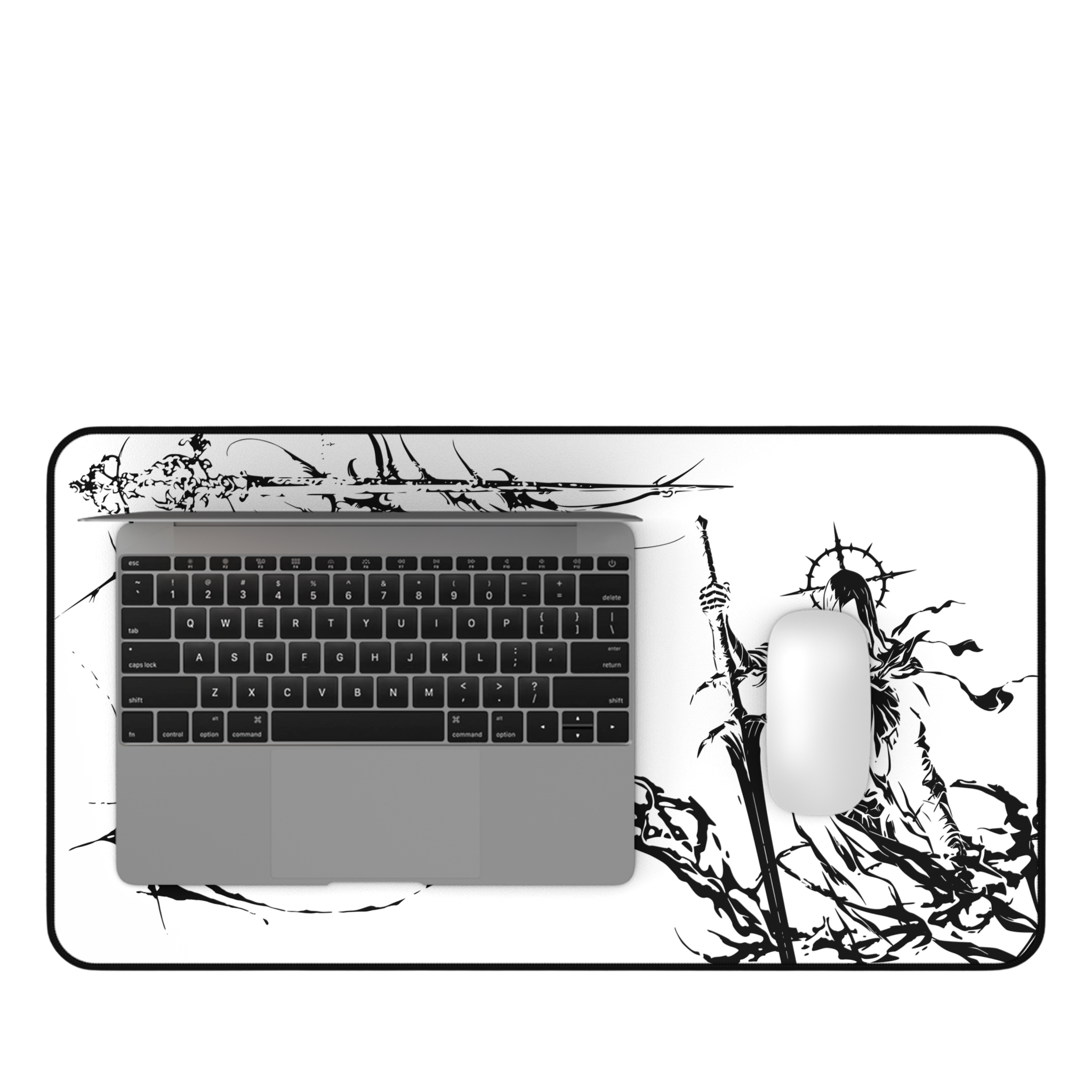 Grim Reaper Spear – White Desk Mat – Gothic Skeleton Warrior Mouse Pad