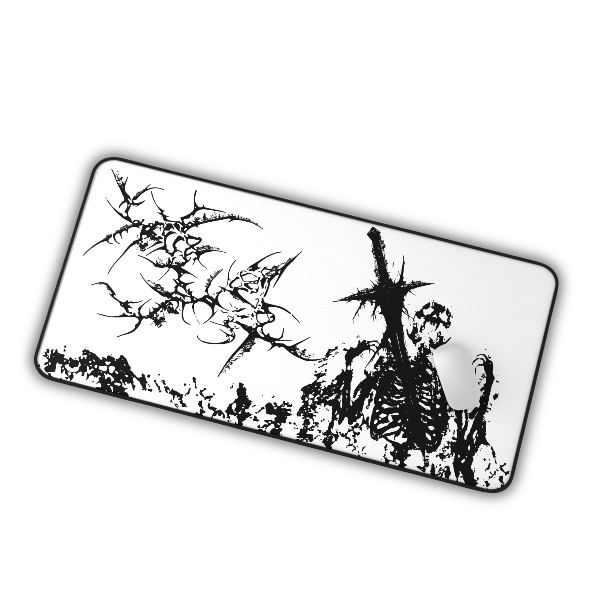 Agony of Fire – White Desk Mat – Gothic Skeleton Cybersigil Mouse Pad