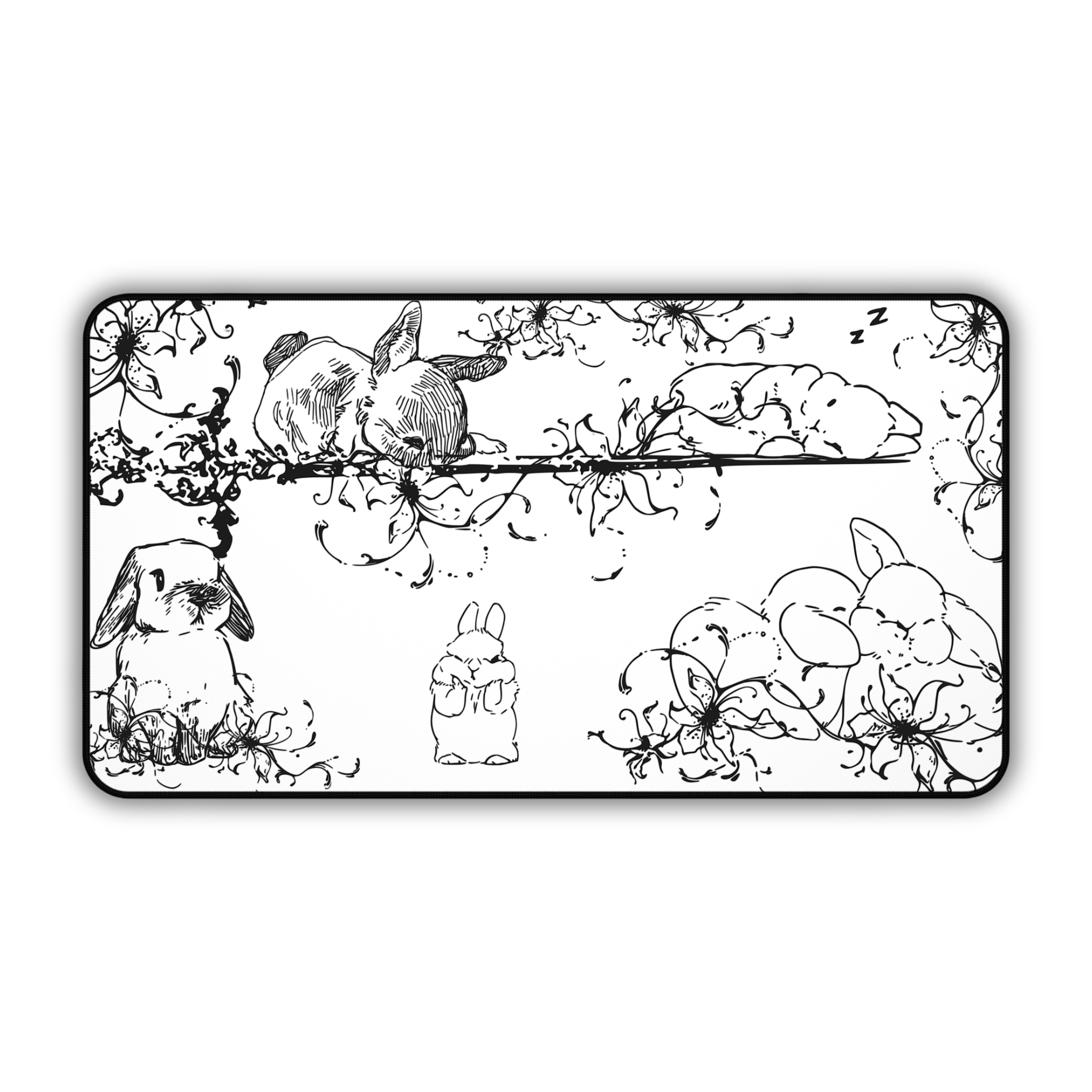 Sleeping Bunny Doodles – White Desk Mat – Cute Rabbit Illustration Mouse Pad