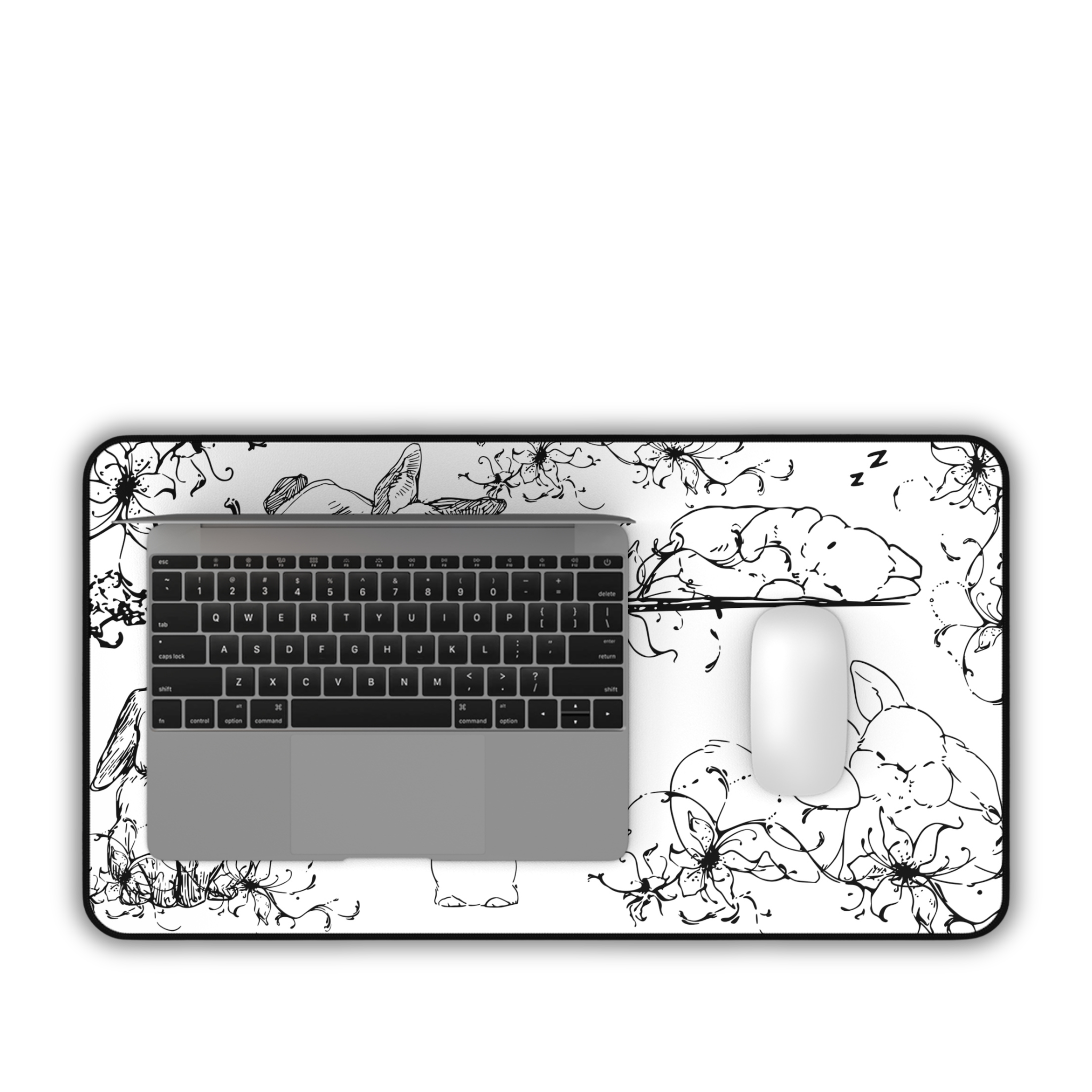 Sleeping Bunny Doodles – White Desk Mat – Cute Rabbit Illustration Mouse Pad