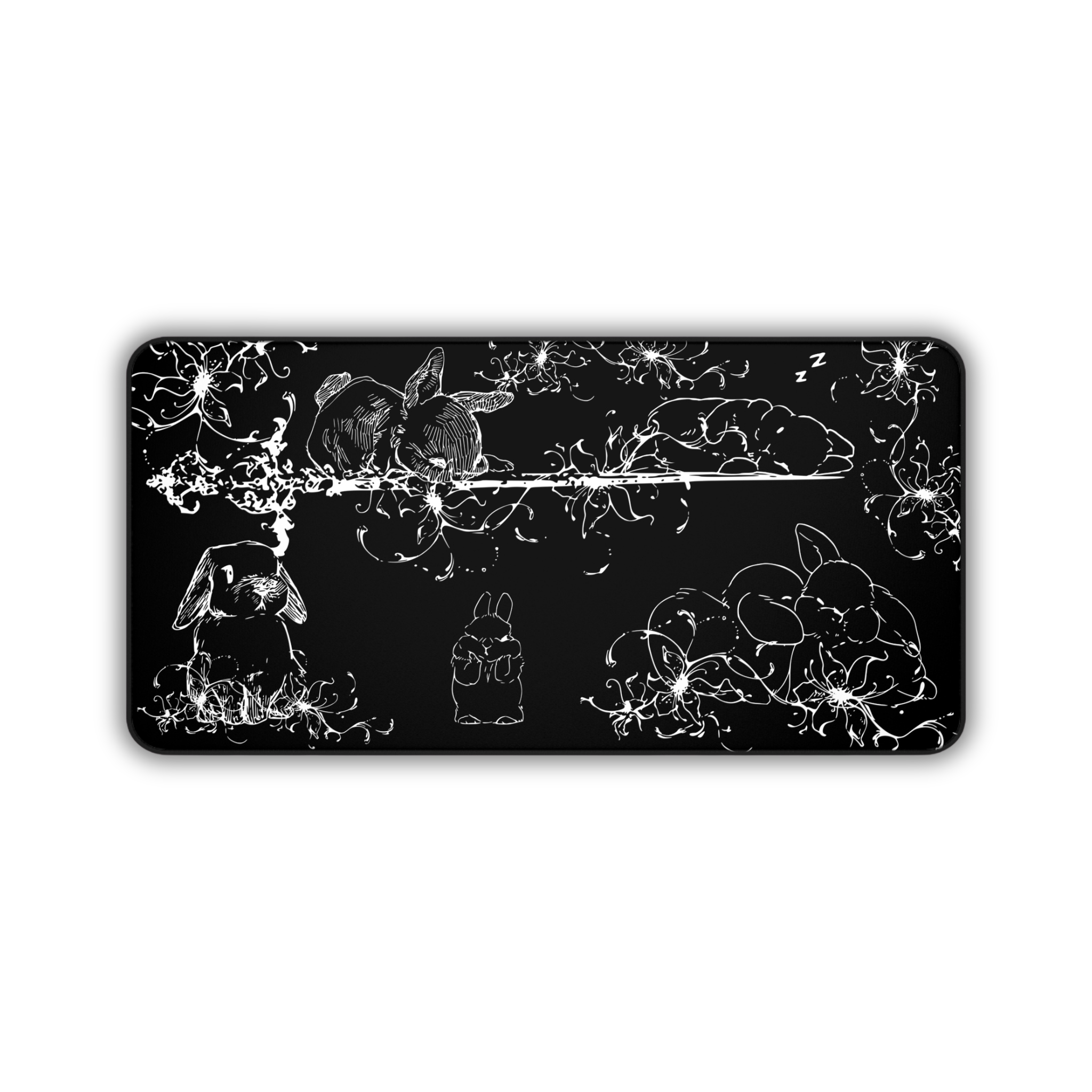 Sleeping Cute Bunnies – Black Desk Mat – Floral Rabbit Mouse Pad
