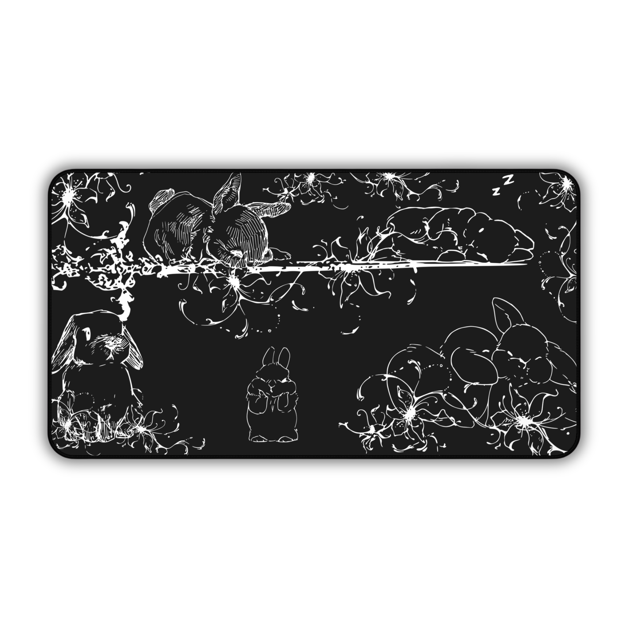 Sleeping Cute Bunnies – Black Desk Mat – Floral Rabbit Mouse Pad