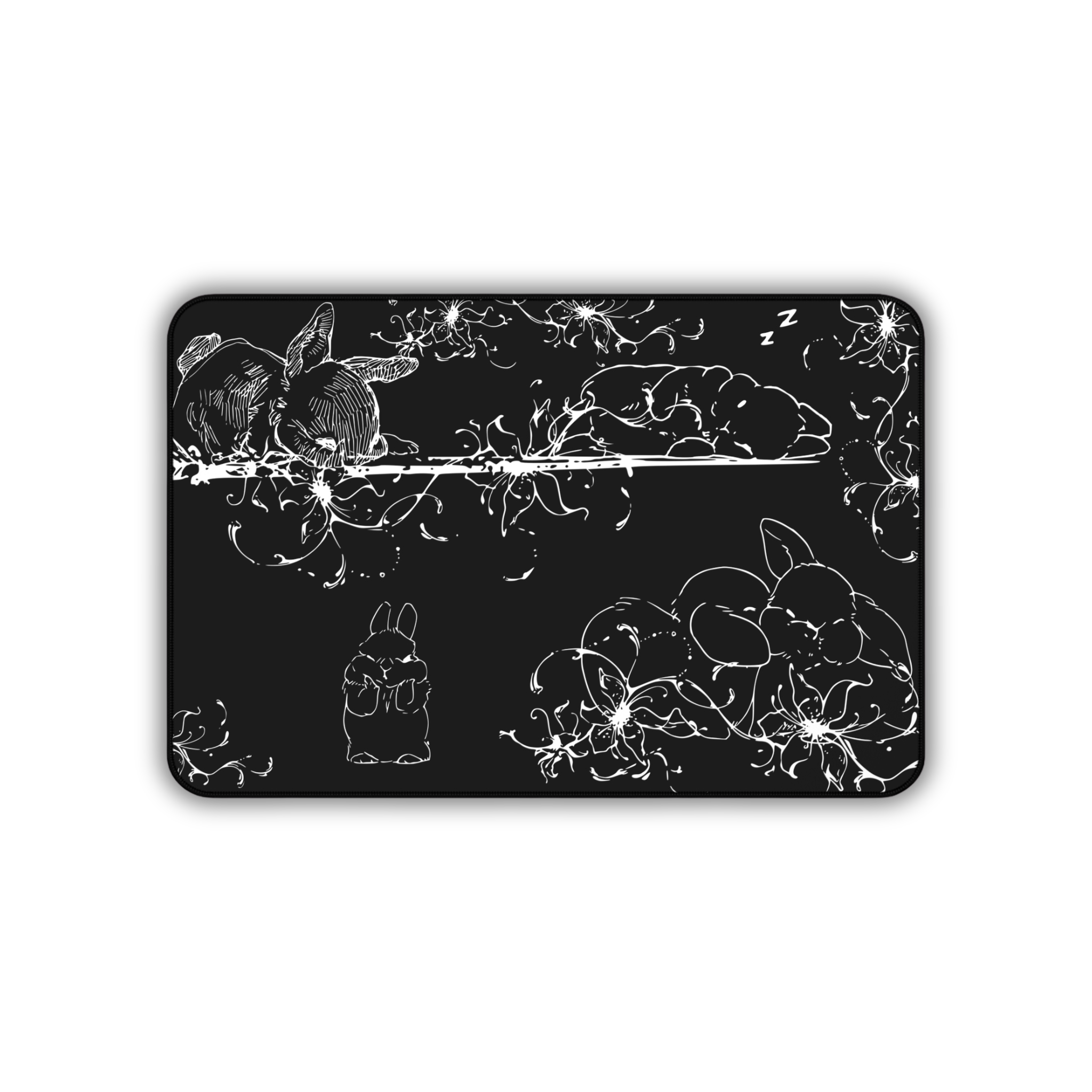 Sleeping Cute Bunnies – Black Desk Mat – Floral Rabbit Mouse Pad