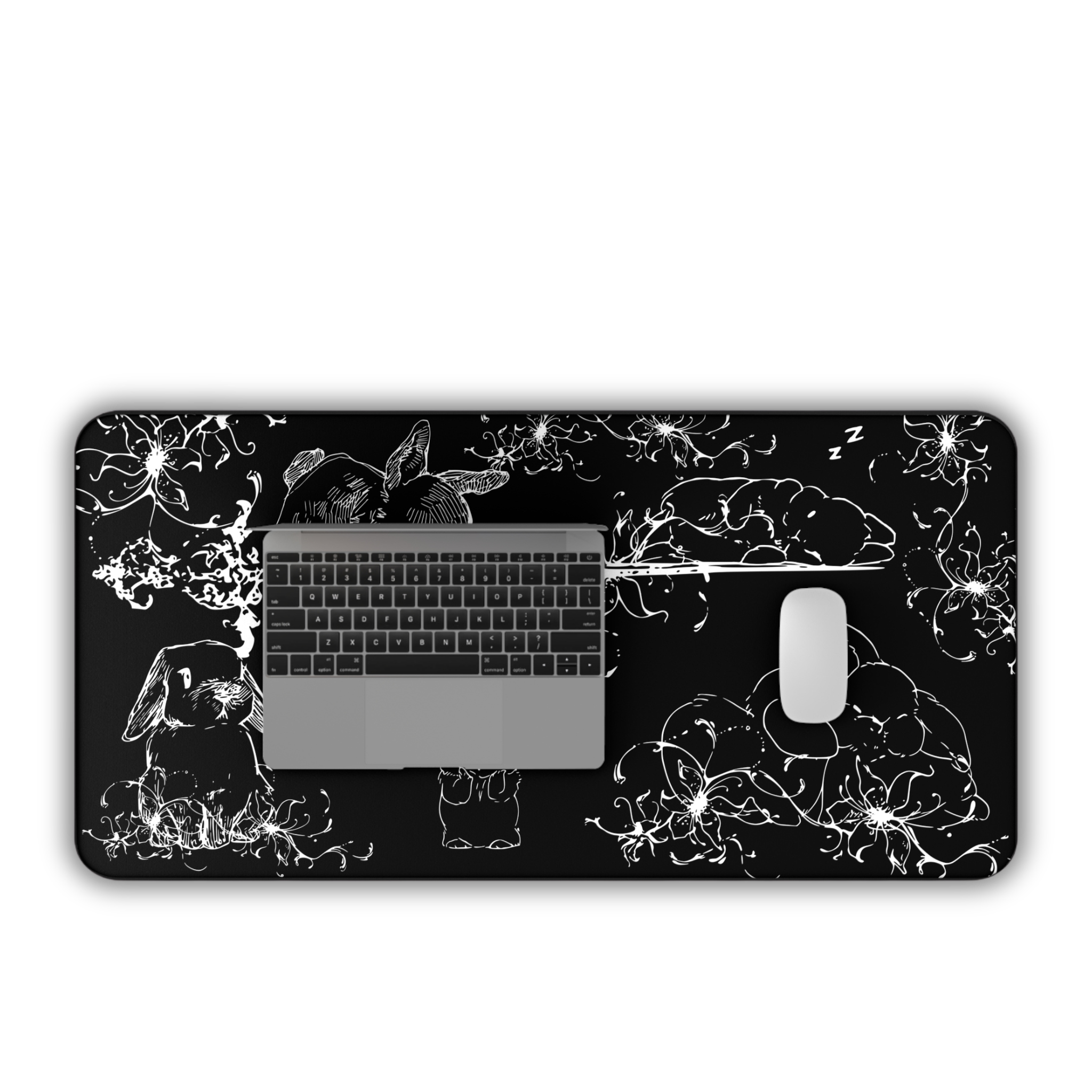Sleeping Cute Bunnies – Black Desk Mat – Floral Rabbit Mouse Pad