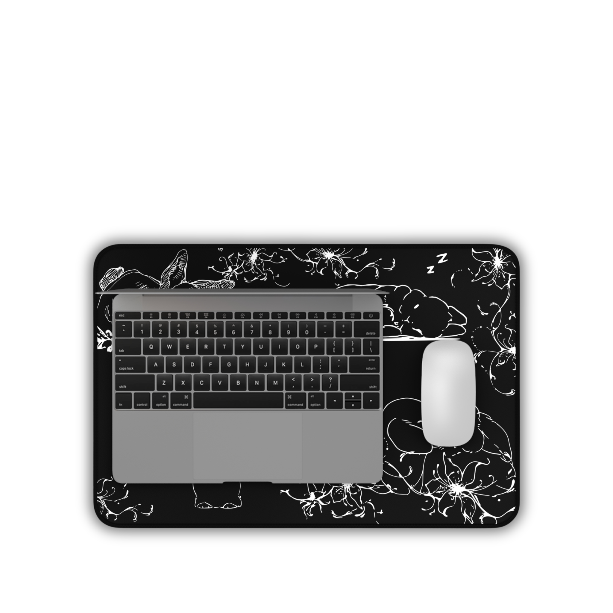 Sleeping Cute Bunnies – Black Desk Mat – Floral Rabbit Mouse Pad