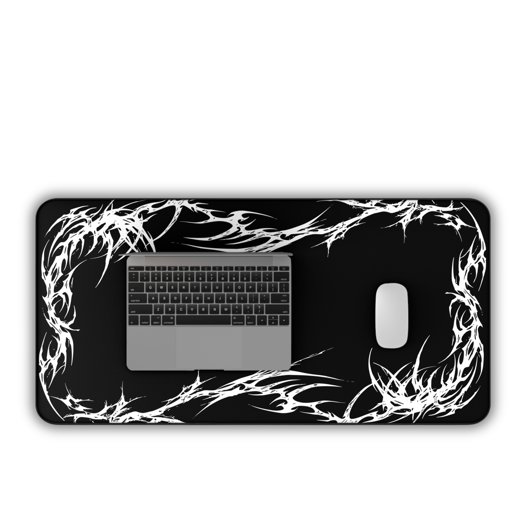 White Tribal Flame Corner – Black Desk Mat – Minimal Tribal Mouse Pad