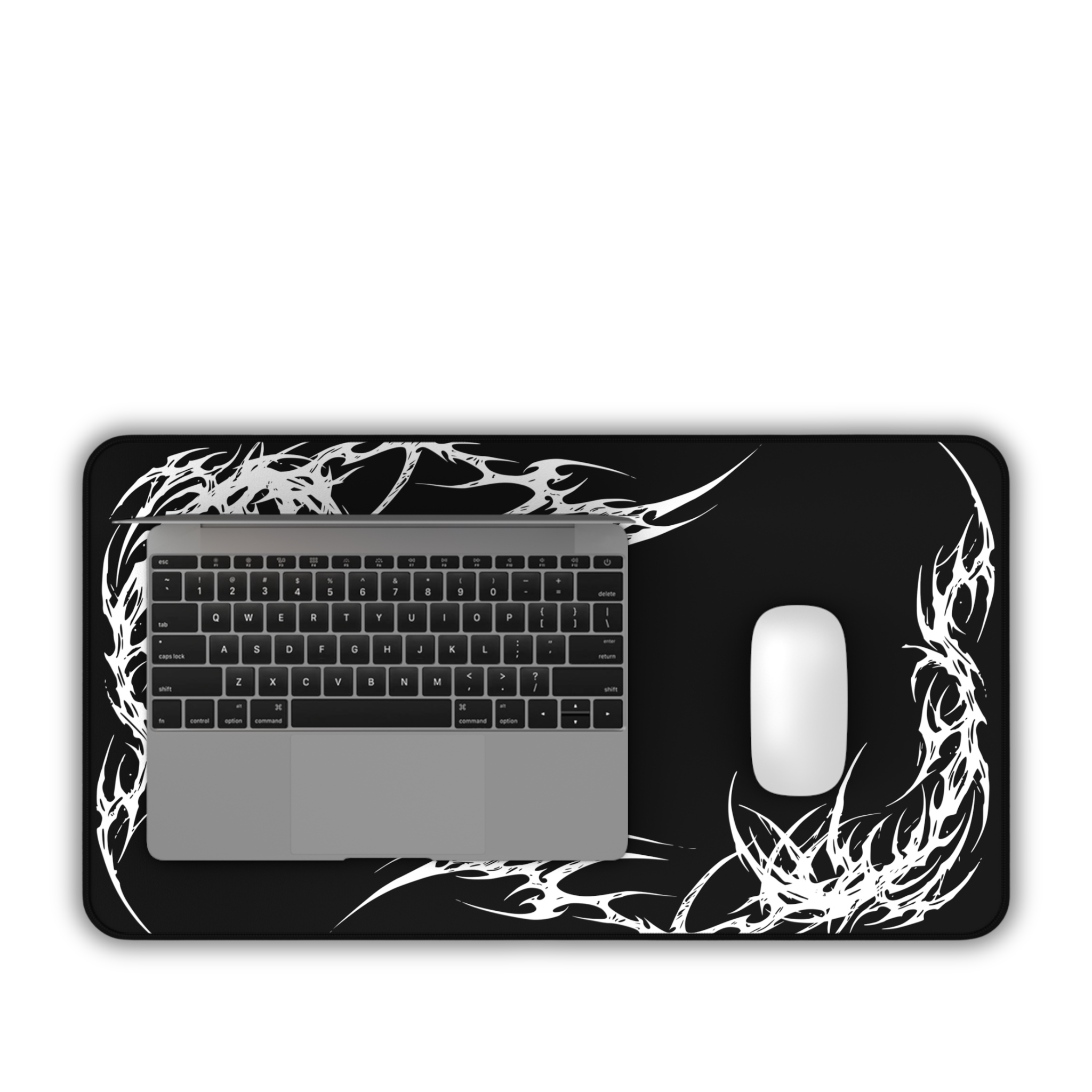 White Tribal Flame Corner – Black Desk Mat – Minimal Tribal Mouse Pad