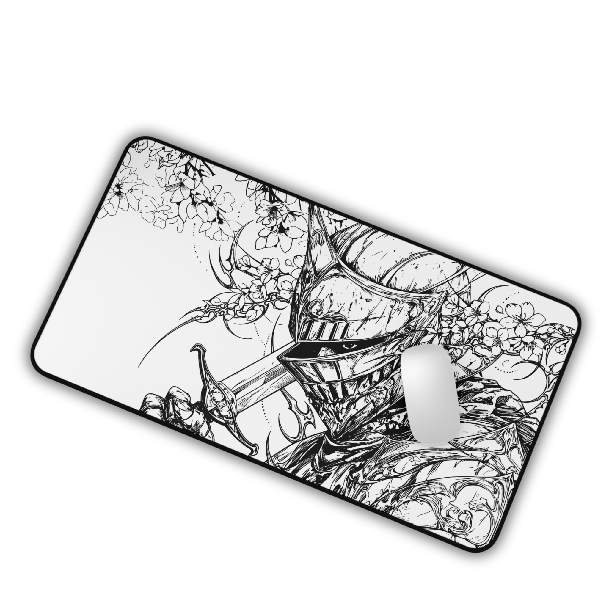 Sakura Knight – White Desk Mat – Medieval Sword Mouse Pad