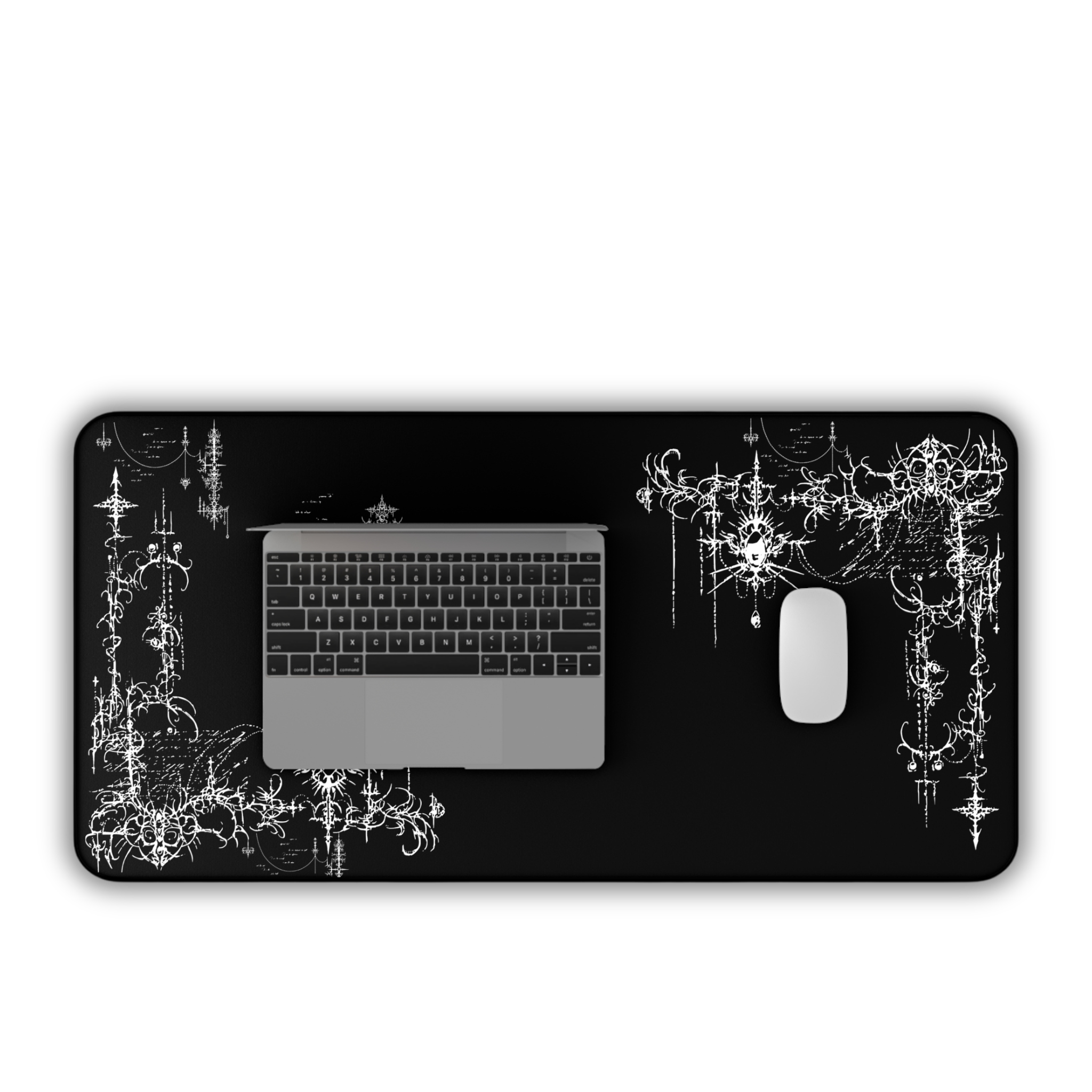 Gothic Chandelier Flourish – Black Desk Mat – Ornate Filigree Mouse Pad
