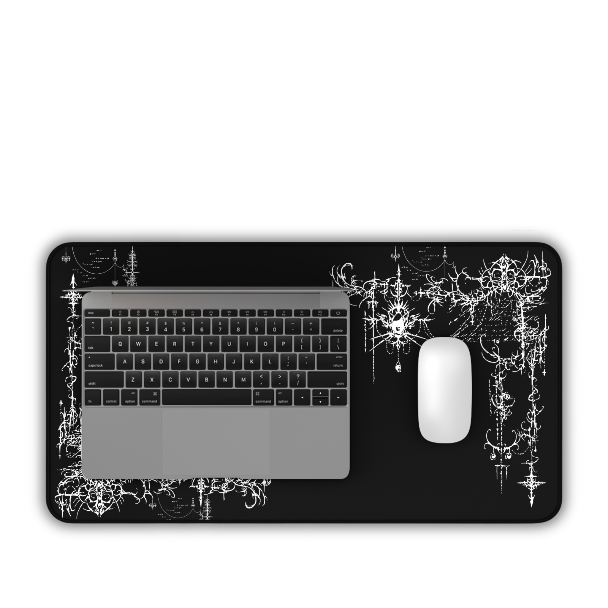 Gothic Chandelier Flourish – Black Desk Mat – Ornate Filigree Mouse Pad