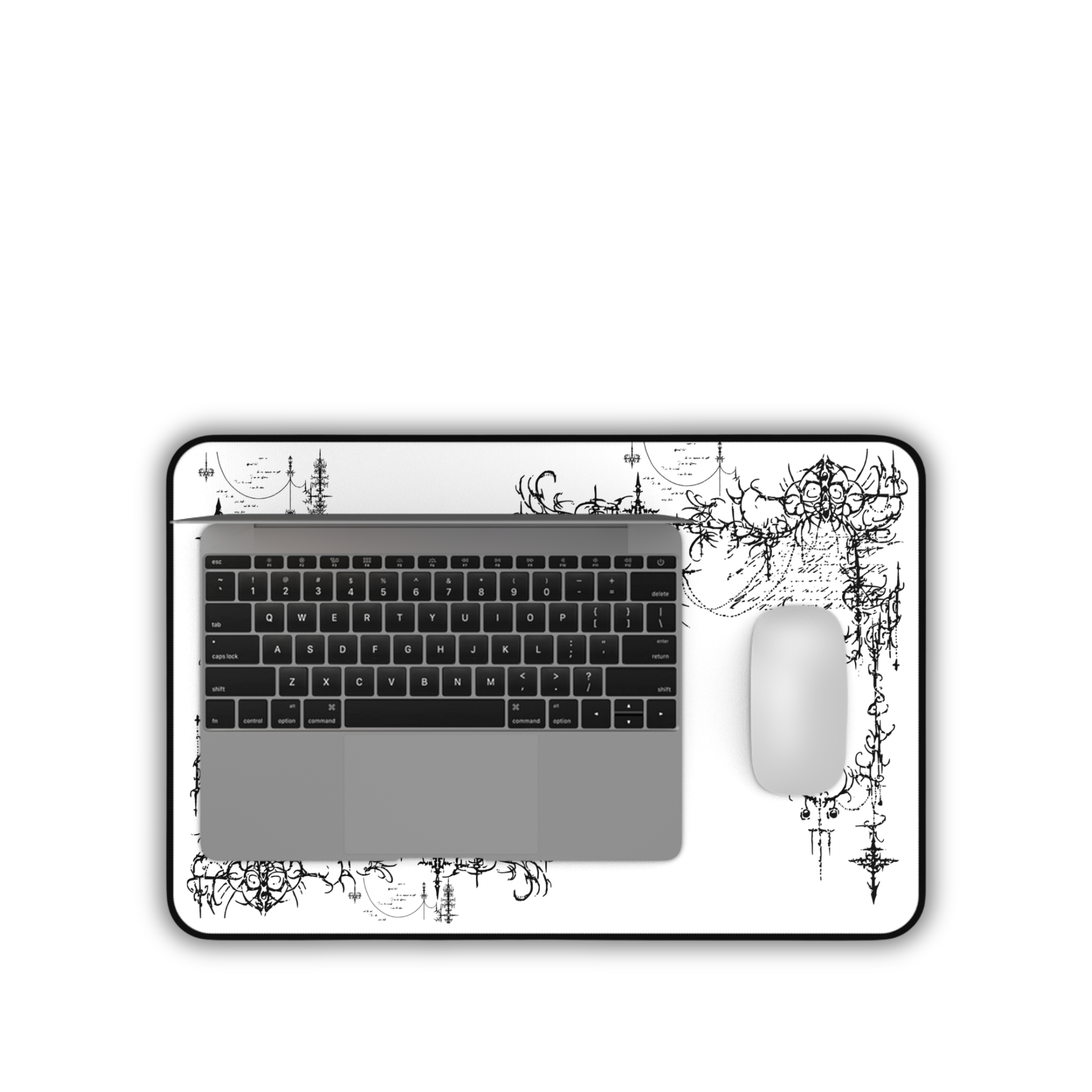 Ornate Grunge Corner – White Desk Mat – Gothic Flourish Mouse Pad