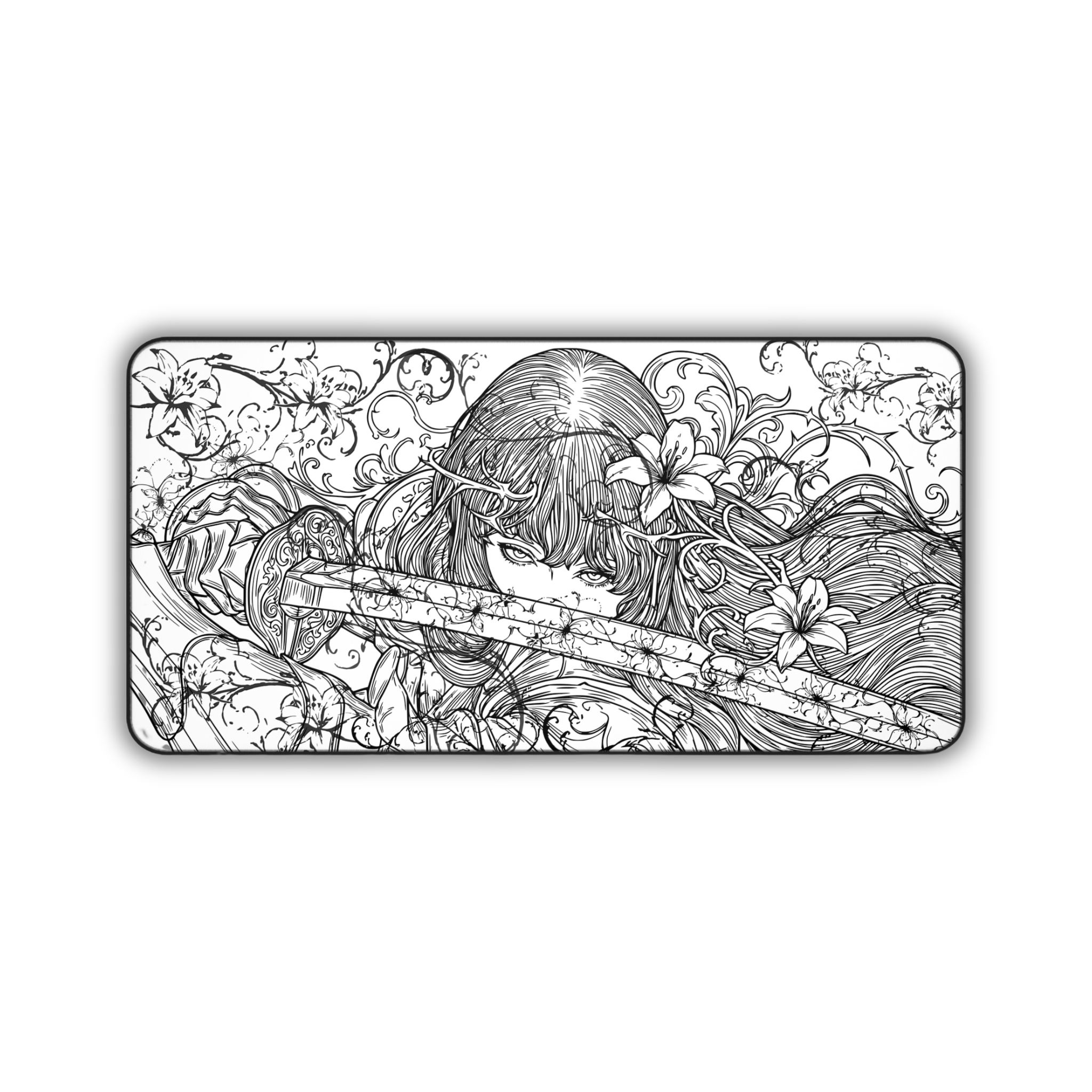 Samurai Girl – White Desk Mat – Monochrome Sword Mouse Pad