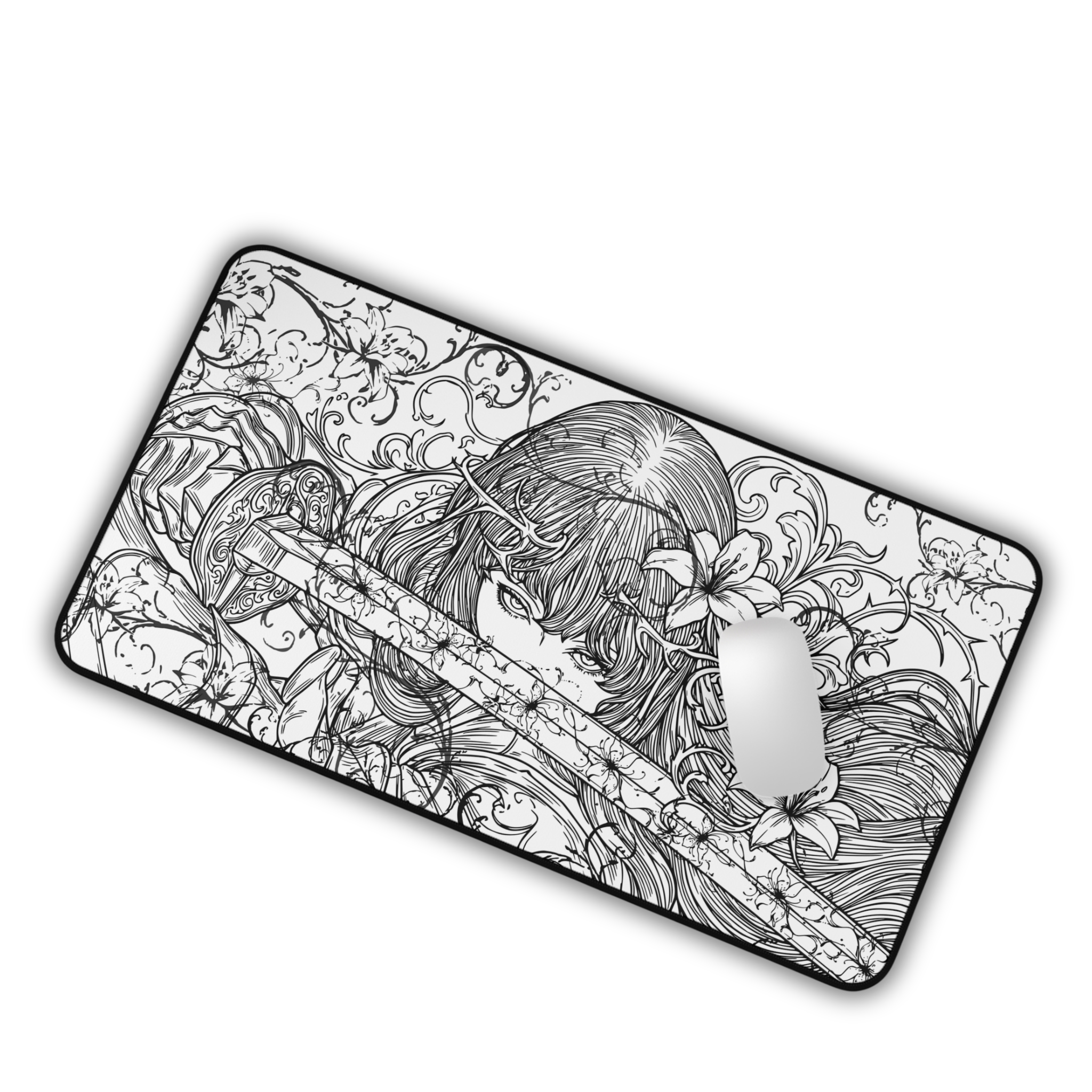 Samurai Girl – White Desk Mat – Monochrome Sword Mouse Pad